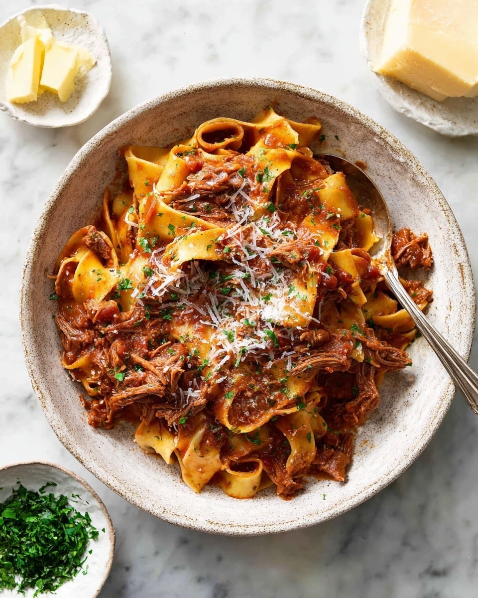 A round white bowl city a rustic texture holds wide, flat pasta ribbons mixed with shredded meat in a thick red-brown sauce. The pasta is coated in the sauce, and the shredded meat pieces are spread evenly throughout. The dish is topped with a sprinkle of finely grated cheese and scattered small green herb bits. A silver spoon is placed inside the bowl, resting on the pasta. The bowl is on a white marbled surface, near small pieces of soft yellow butter and a small white bowl filled with chopped green herbs. photo taken with an iphone --ar 4:5 --v 7