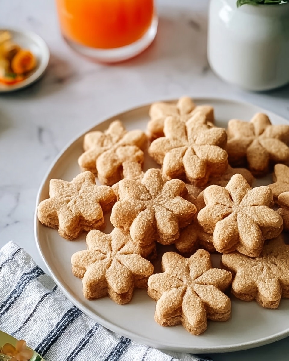 The image shows a white round plate filled with star-shaped cookies that have six rounded petals each. The cookies are golden brown with a rough texture, looking crumbly and slightly fluffy, arranged neatly in about three close rows covering the plate. The plate is placed on a white marbled surface with part of a white and blue striped cloth visible on the side. In the background, there is a blurred glass with an orange drink and a white jar, adding a cozy kitchen feel. Photo taken with an iphone --ar 4:5 --v 7