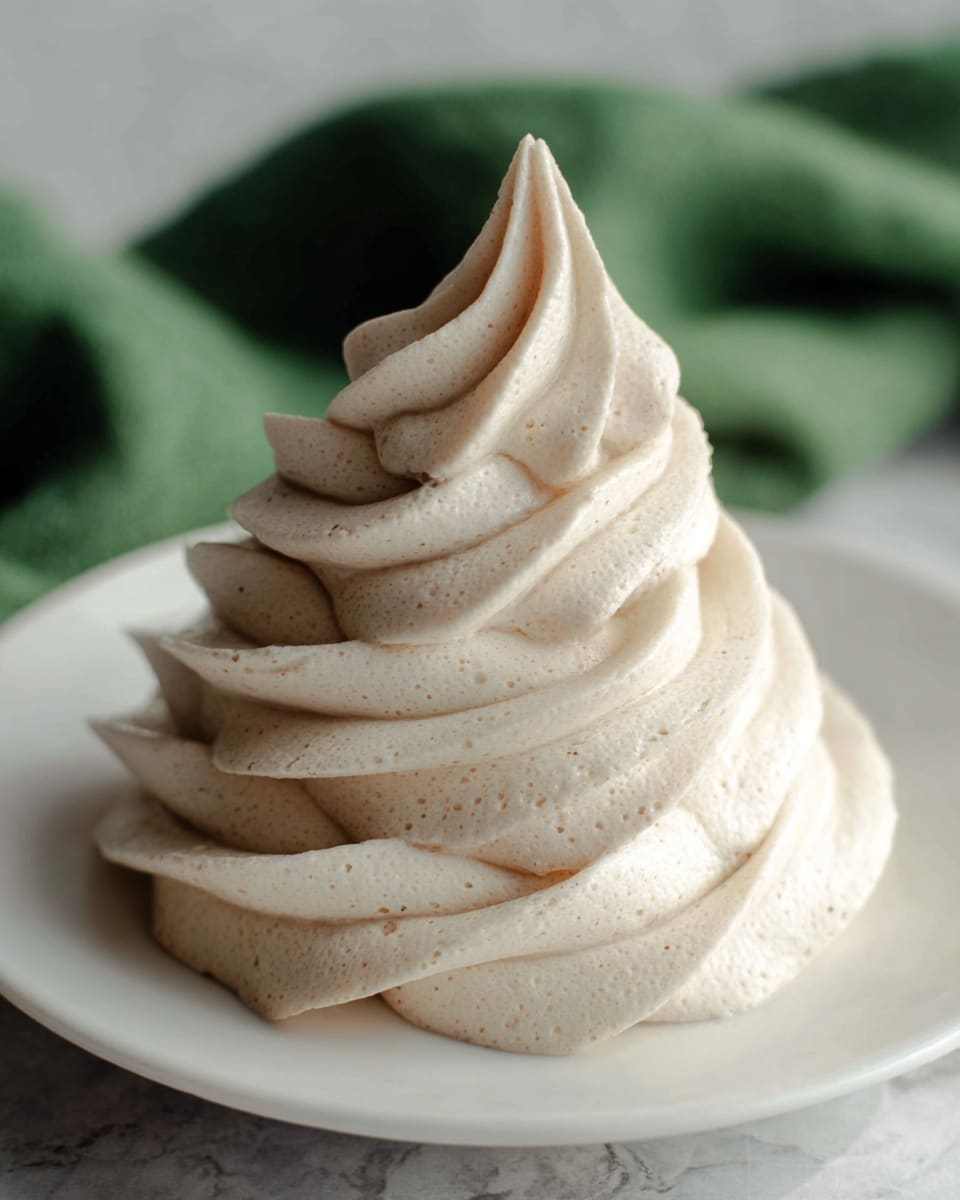 The image shows a single swirl of light beige creamy frosting with soft, smooth texture and subtle air bubbles, piped in multiple thick, curved layers that rise to a pointed peak, sitting alone on a plain white plate with a white marbled background and a soft green fabric blurred in the distance. photo taken with an iphone --ar 4:5 --v 7