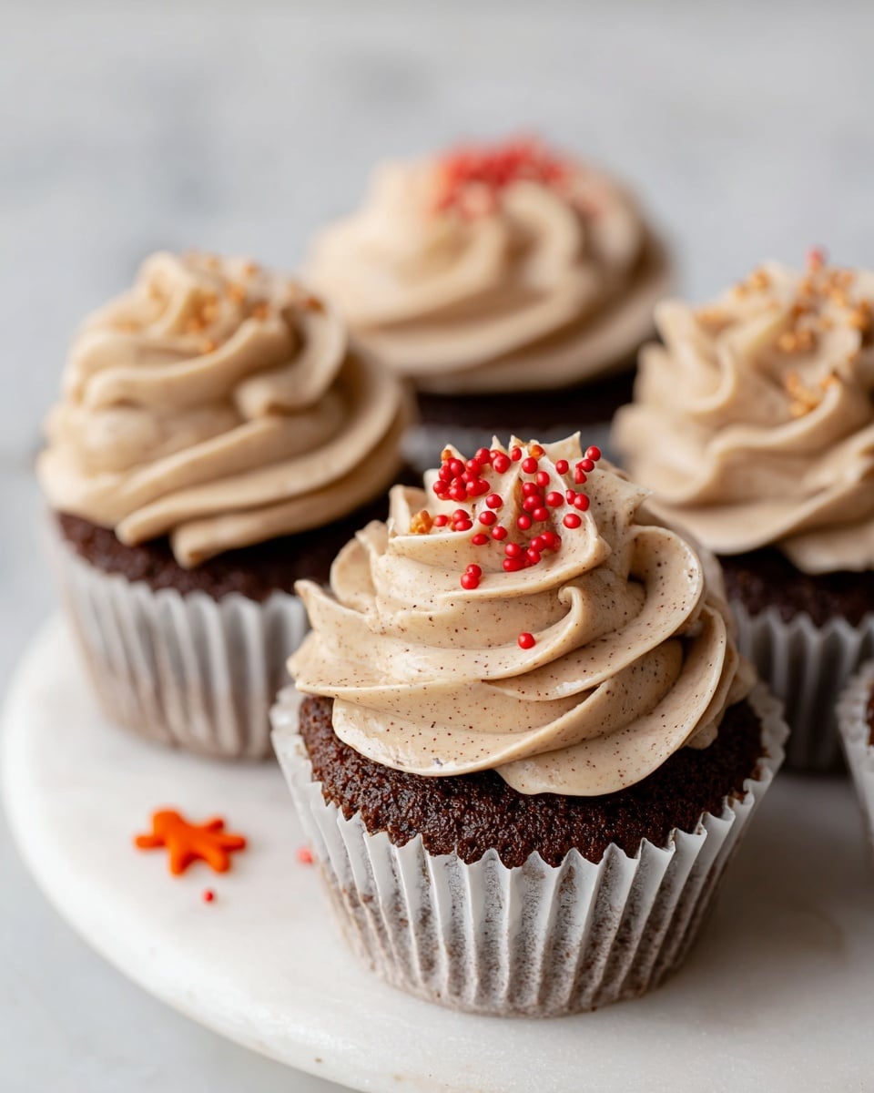 A close-up of four chocolate cupcakes placed on a white plate with a white marbled texture beneath. Each cupcake has one layer of rich brown chocolate cake in a white paper wrapper, topped with a swirl of light beige frosting with visible specks in it, shaped in soft, smooth waves. One cupcake in the foreground features small, bright red round sprinkles and a tiny flat gingerbread man-shaped orange sprinkle decorating the frosting. A few stray red round and orange gingerbread man sprinkles lie on the white plate nearby. Photo taken with an iphone --ar 4:5 --v 7