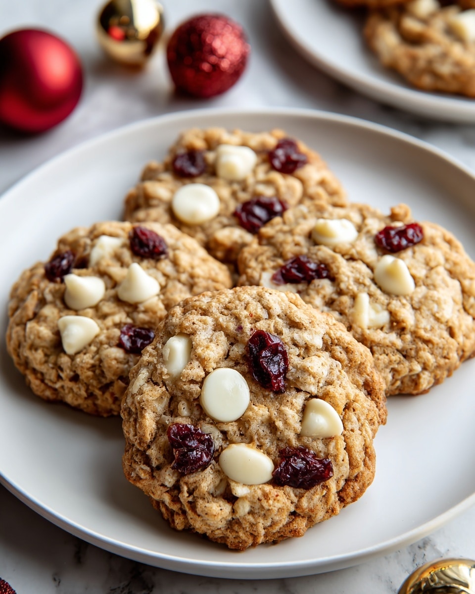 A white plate holds four oatmeal cookies, each with a rough texture and golden-brown color. The cookies are topped with scattered white chocolate chunks and smooth white chocolate discs, as well as deep red dried cranberries that add bright spots of color. The background is a white marbled surface, with parts of another white plate with similar cookies blurred in the background, along with some red and gold decorative balls adding festive touches. photo taken with an iphone --ar 4:5 --v 7