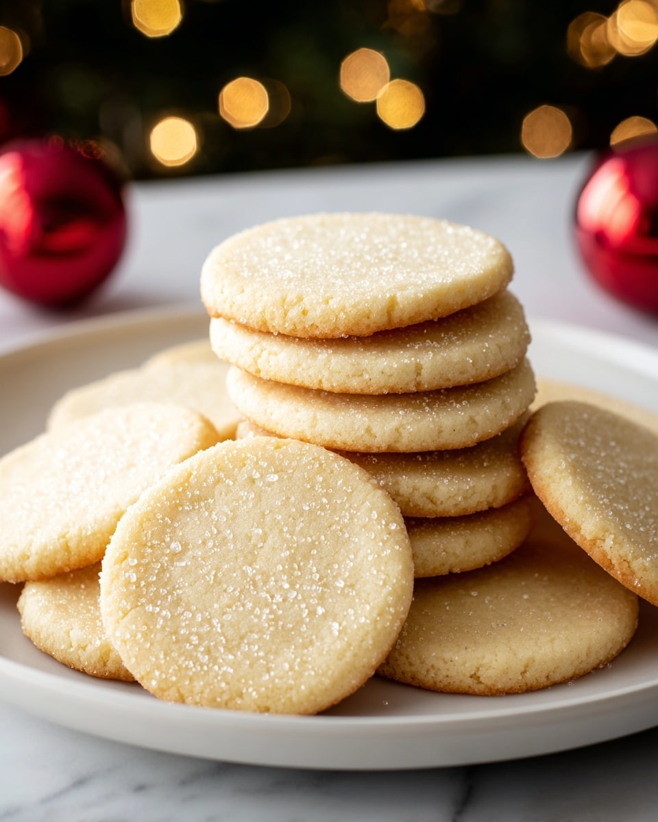 The image shows a round white plate holding a stack of eleven light golden sugar cookies. Each cookie is smooth, slightly thick, and evenly baked with a subtle sprinkle of sugar crystals on top, giving a gentle sparkle. The cookies overlap each other casually, forming a cozy pile in the center of the plate. The plate sits on a white marbled surface, with soft, warm Christmas lights and red ornaments blurred in the background, creating a festive mood. photo taken with an iphone --ar 4:5 --v 7