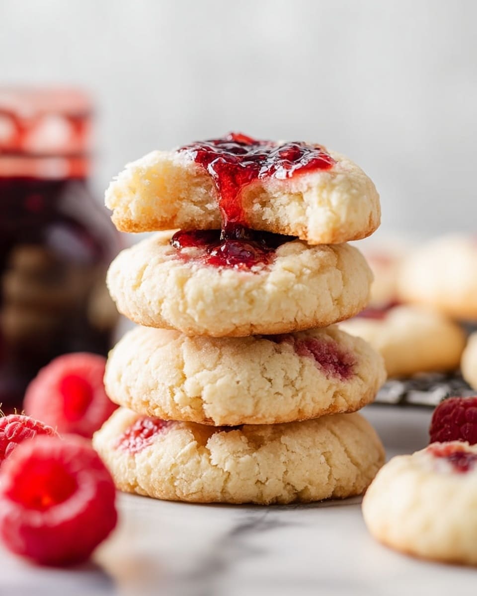 The image shows a close-up of several soft, round cookies with a slightly cracked cream-colored surface, each with a small hollow filled with glossy, dark red raspberry jam. Some cookies have fresh raspberries resting on top or nearby, adding a bright red contrast against the pale cookies. One cookie in the center has a bite taken out, revealing a tender and crumbly inside. The cookies are placed on crumpled white parchment paper over a white marbled surface, with part of a jar of raspberry jam blurred in the background. photo taken with an iphone --ar 4:5 --v 7