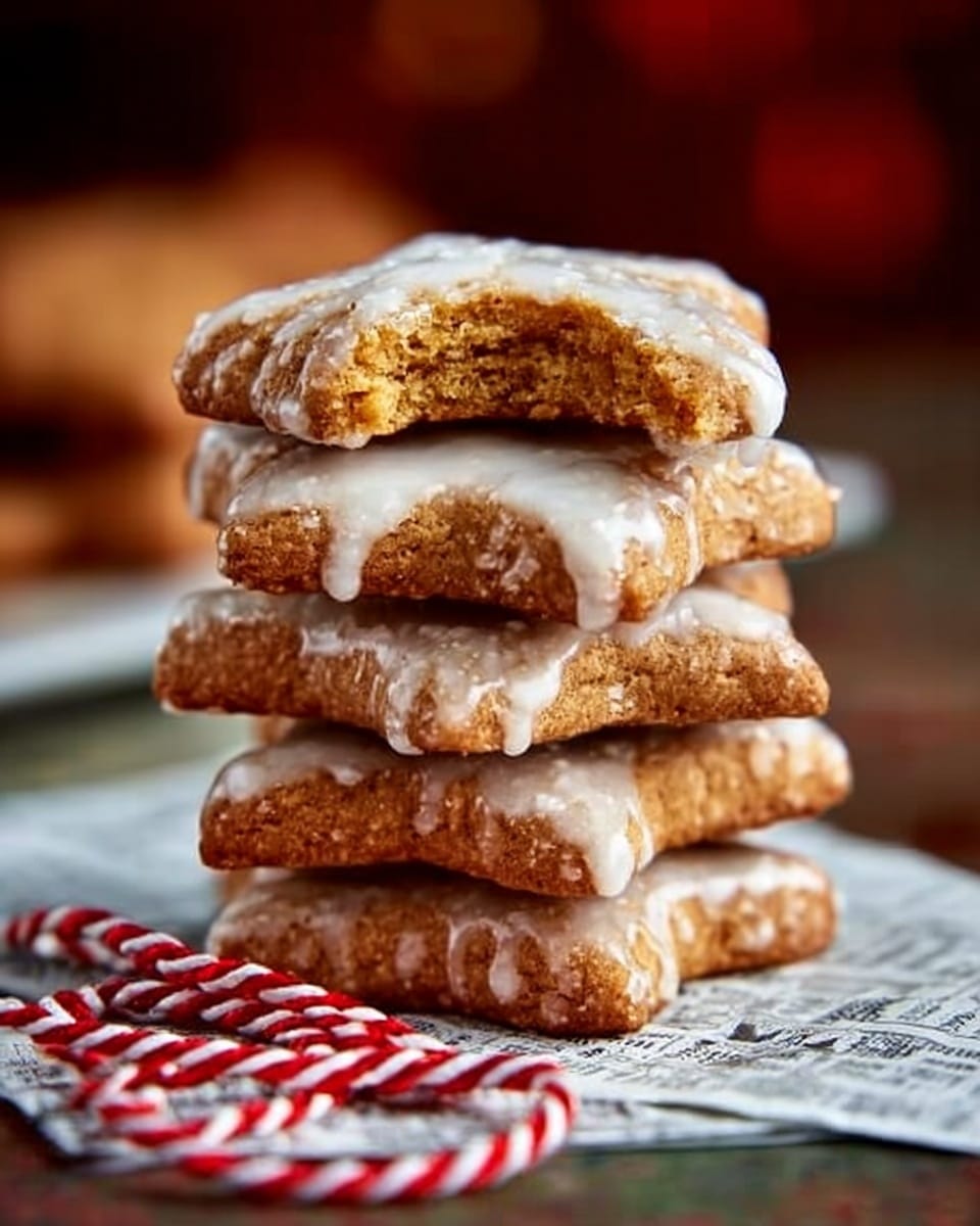Four star-shaped cookies are stacked on top of each other, each with a light brown color and a slightly rough texture. The cookies have white icing drizzled unevenly on top, adding a glossy contrast. The top cookie has a bite taken out of it, revealing a soft and crumbly inside. The stack sits on a piece of printed paper over a white marbled surface. In the foreground, two red and white twisted strings lie beside the stack. The background is blurred with warm, dark tones. Photo taken with an iphone --ar 4:5 --v 7