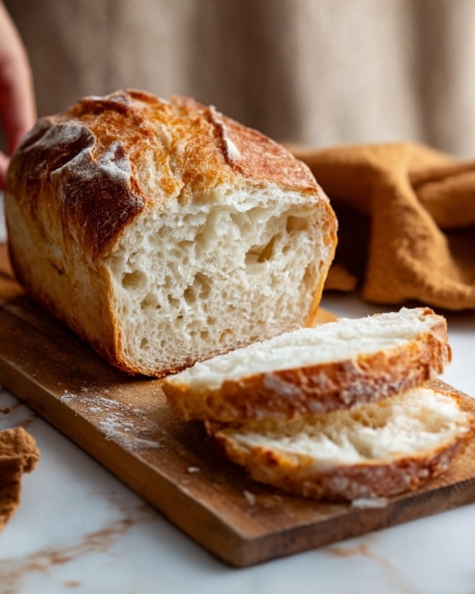 A loaf of bread with a golden brown crust sits on a wooden cutting board on a white marbled surface. The bread is partially sliced, showing the soft, light cream inside with an airy texture. Two slices are laid down in front of the loaf, revealing the thick crust and soft crumb. A woman's hand is about to pick up one of the slices. The background is softly blurred with warm tones, giving a cozy feeling. photo taken with an iphone --ar 4:5 --v 7
