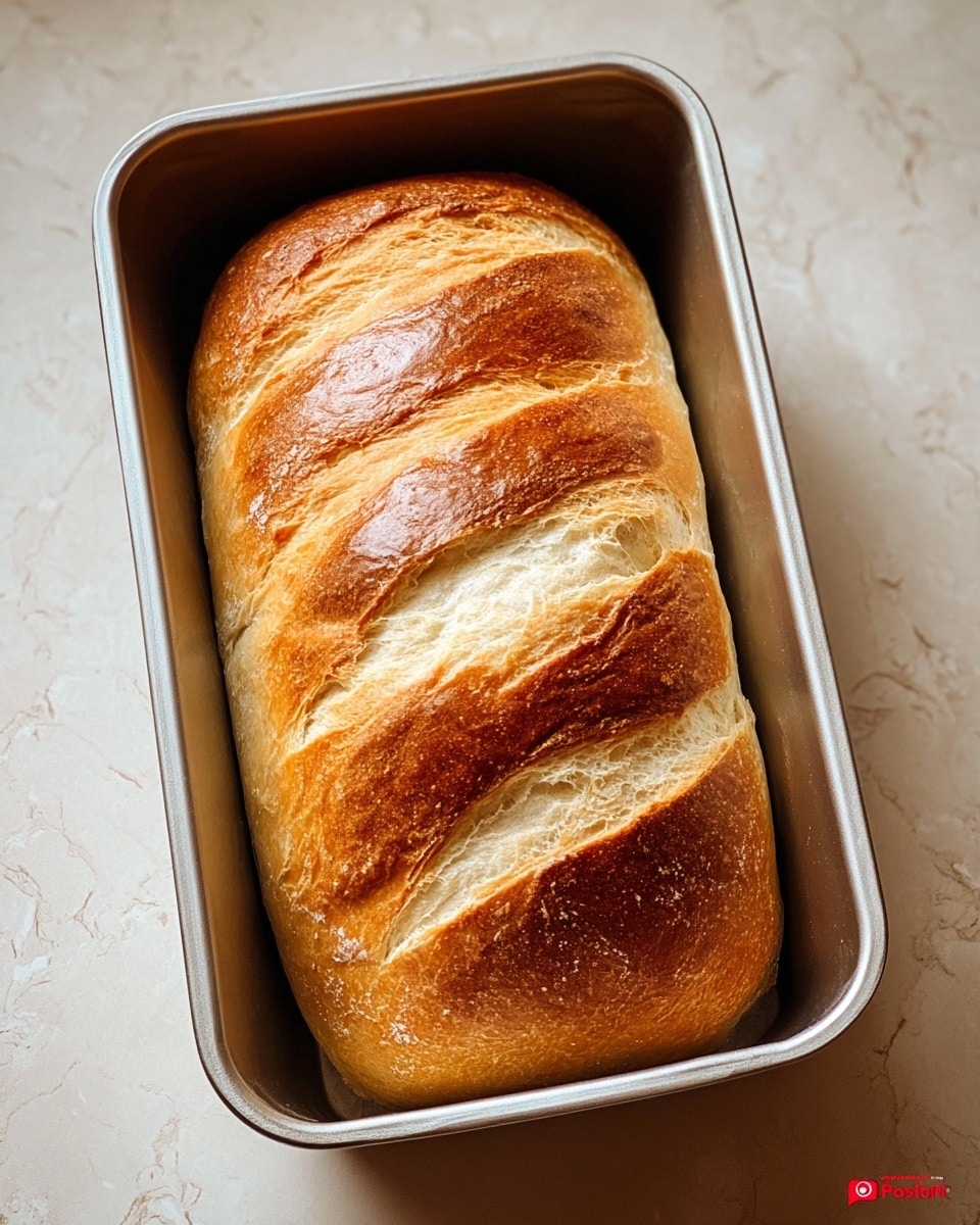 A fresh loaf of bread with a golden-brown crust sits in a rectangular silver baking pan. The top of the bread has three distinct slashes revealing the soft, fluffy white interior underneath the shiny, slightly crisp crust. The bread looks thick and pillowy with a light texture. The pan is placed on a surface with white marbled texture. photo taken with an iphone --ar 4:5 --v 7