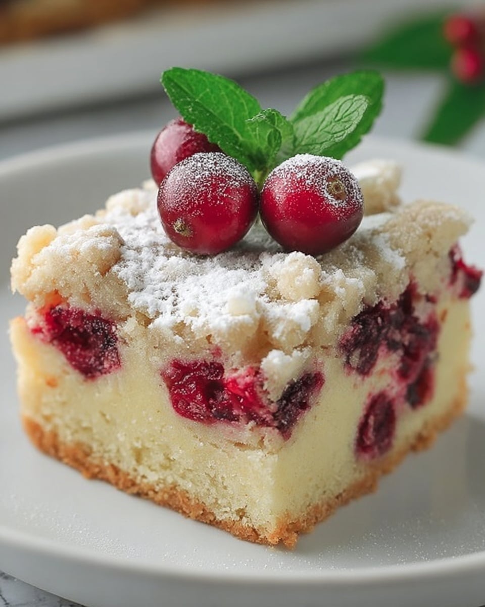 A single square piece of crumb cake sits on a white plate with a white marbled background. The cake has two layers: a light yellow cake base with a soft texture filled with whole red berries scattered evenly inside, and a crumbly top layer that is pale beige with powdered sugar dusted over it. On top of the cake are three fresh, glossy red berries and two green mint leaves positioned neatly. The photo taken with an iphone --ar 4:5 --v 7