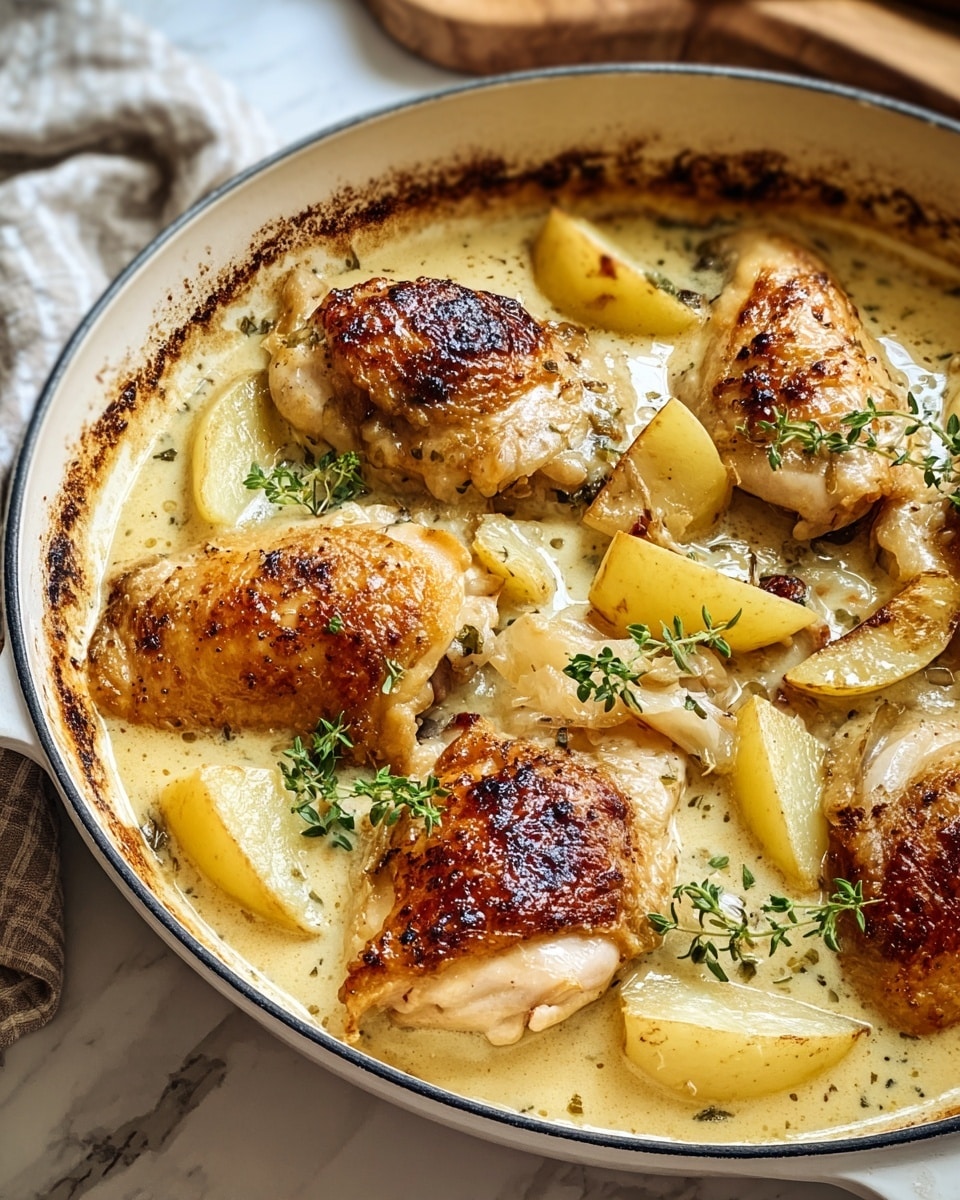 The image shows a white pan filled with a creamy chicken dish. There are five pieces of golden-brown roasted chicken with crispy skin sitting in a thick, pale yellow sauce with a smooth texture. Around the chicken, several yellow potato wedges are partially submerged in the sauce. Small green sprigs of fresh herbs, likely thyme, are scattered on top, adding color contrast. The edges of the pan show some browned spots where the sauce has cooked longer. The background is a white marbled surface with a blurred cloth and wooden elements. Photo taken with an iphone --ar 4:5 --v 7