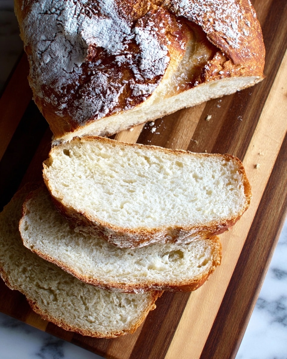 A loaf of bread with a golden brown crust and white flour dusted on top is partially sliced, showing the soft white inside with a slightly airy texture. Three slices are laid out in front of the unsliced part, each with a rough crust edge and a spongy look inside. The bread is placed on a wooden cutting board with a striped pattern, set against a white marbled surface background. photo taken with an iphone --ar 4:5 --v 7