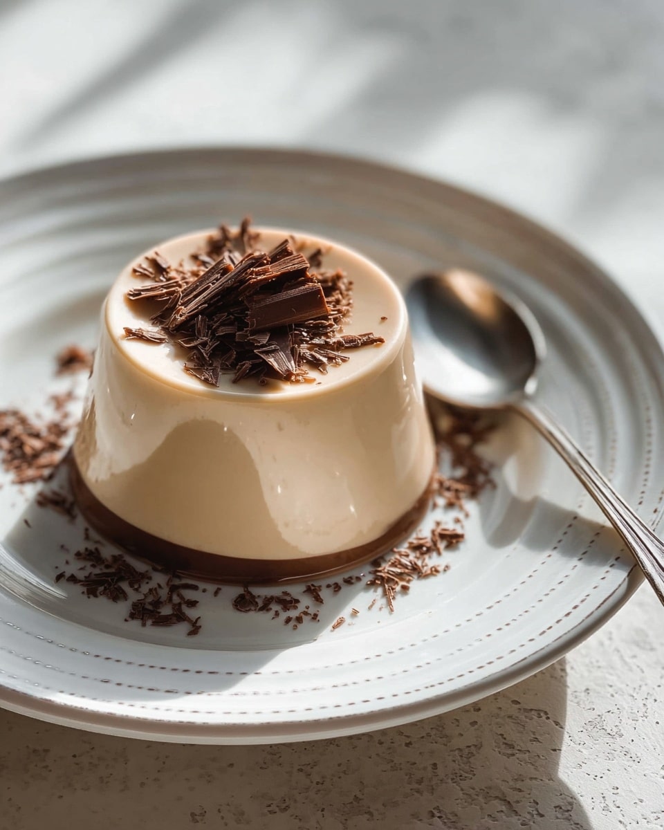 A creamy, light brown panna cotta dessert with smooth, slightly shiny texture stands on a white plate with a delicate border pattern. The panna cotta has one main layer, topped with thin, curled dark chocolate shavings scattered on the surface. The base of the dessert has a thin dark chocolate layer creating a nice contrast with the light brown body. Around the panna cotta on the plate, a few additional chocolate shavings are spread, adding texture and interest to the presentation. A silver spoon lies next to the dessert on the plate, catching soft sunlight that creates gentle shadows on the scene. The whole setting is placed on a white marbled texture. photo taken with an iphone --ar 4:5 --v 7