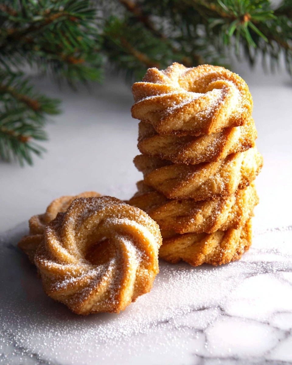 A stack of seven golden brown cookies with a twisted, ridged pattern sits on a white marbled surface, dusted lightly with powdered sugar. One cookie, similar in shape and texture with a small central hole, lies flat in front of the stack. In the background, some green pine branches add a contrast with deep green hues, enhancing the warm colors of the cookies. The lighting highlights the crunchy texture and the light dusting on the cookies, giving an inviting appearance. photo taken with an iphone --ar 4:5 --v 7