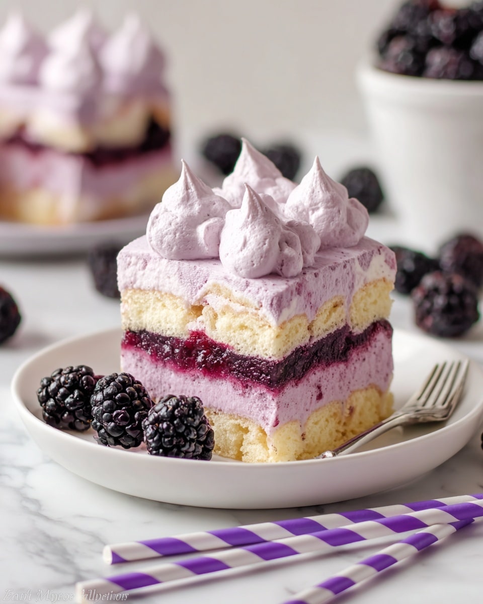 The image shows a square slice of a layered dessert on a white plate, placed on a white marbled surface. The dessert has three main layers: the bottom and middle layers consist of a light yellow sponge cake soaked in a deep purple berry sauce, giving it a marbled effect; the second layer is thick and creamy, light pink in color, likely a berry-flavored mousse or whipped cream. The top layer features five evenly spaced dollops of the same light pink creamy topping with a smooth and slightly fluffy texture. Fresh blackberries surround the plate, adding contrast with their deep black-purple color. Two purple and white striped paper straws lay diagonally near the plate. Photo taken with an iphone --ar 4:5 --v 7