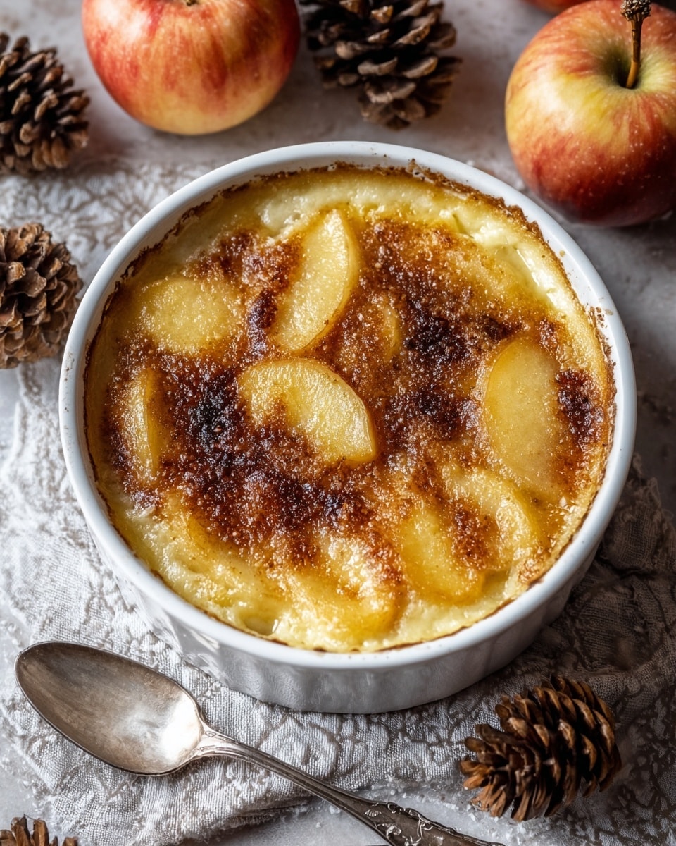 The image shows a white round ceramic baking dish filled with a golden brown baked dessert. The top layer is caramelized and crispy with a dark amber color, covering slices of soft, pale yellow apples underneath. The dessert has a gooey texture around the edges where the apple juice has bubbled up, and the surface around the baking dish is a white marbled texture. Several whole apples and pinecones are placed around the dish, adding a rustic feel. A silver spoon lies next to the dish on a light grey patterned cloth, and a woman's hand is partially visible at the top right corner. Photo taken with an iphone --ar 4:5 --v 7