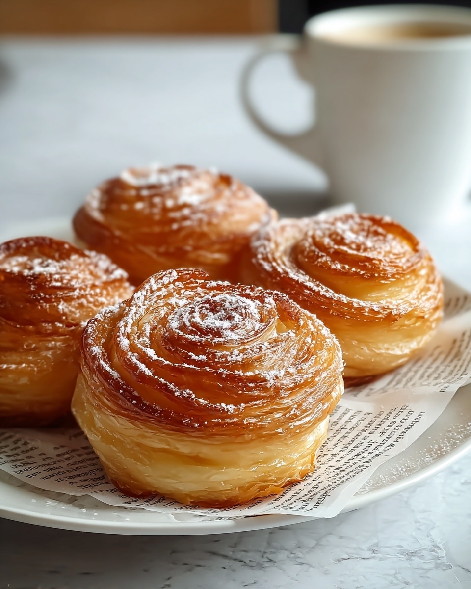 Four golden brown spiral pastries with many thin, crispy layers stacked in a round shape sit on a white plate lined with a piece of newspaper. The pastries have a shiny, glazed top and are dusted lightly with powdered sugar. In the background, a white mug is partially visible. The entire scene is set on a white marbled textured surface. photo taken with an iphone --ar 4:5 --v 7