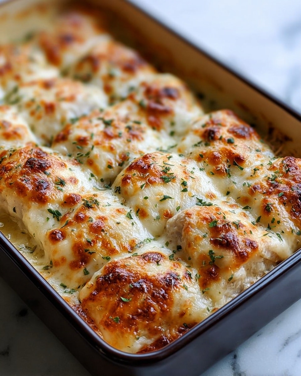The image shows a close-up of baked food in a rectangular dish with a dark rim, filled with multiple pieces covered in melted cheese with golden brown spots on top. The cheese layer is thick and bubbly, garnished with small green herb flakes scattered evenly. The food underneath the cheese looks soft and pale, partly visible through the melted topping. The dish sits on a white marbled surface, giving a clean and elegant feel. photo taken with an iphone --ar 4:5 --v 7