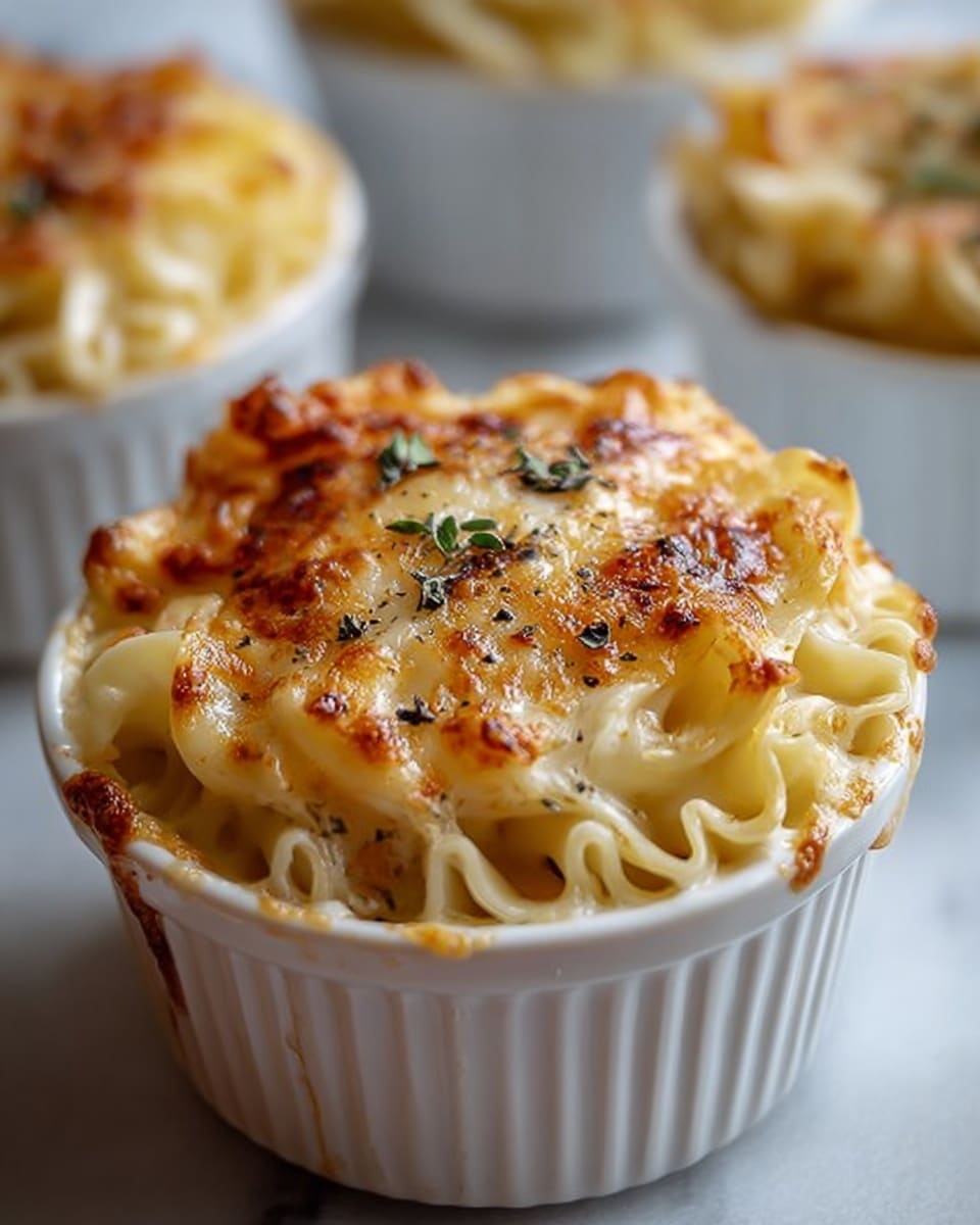 The image shows a close-up of a white ramekin filled with a three-layer pasta dish. The bottom layer is made of wide, flat pasta noodles that are creamy white and slightly curled. The middle layer is thick, melted cheese with a light golden brown top, bubbling around the edges. The top layer is browned cheese with a textured surface, scattered with small black pepper specks and tiny green herb leaves. The ramekin sits on a white marbled surface with soft lighting highlighting the golden cheese crust. In the background, there are blurred white ramekins of the same dish. Photo taken with an iphone --ar 4:5 --v 7