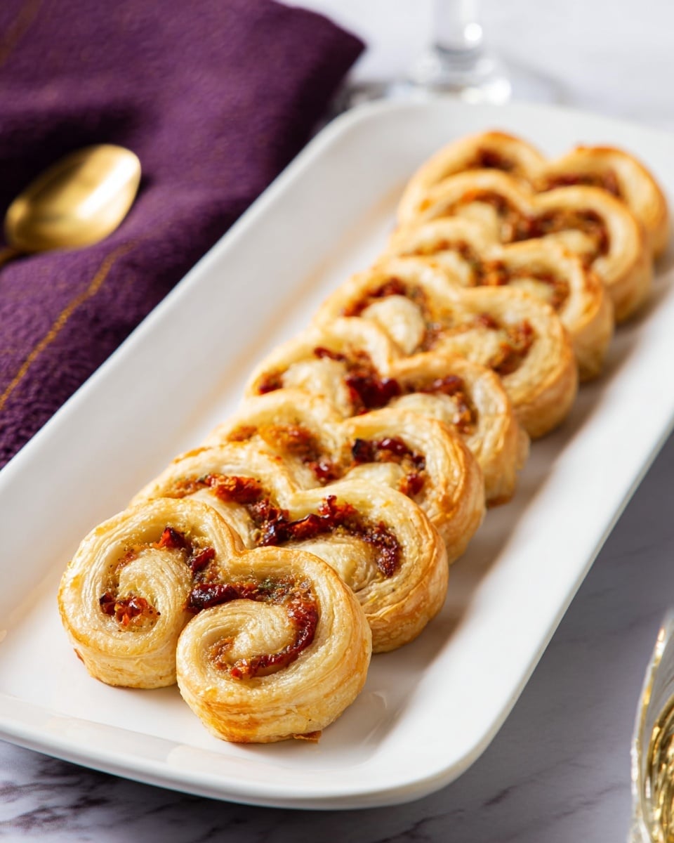 A long white rectangular plate shows a neat row of golden-brown puff pastry pinwheels, each shaped like a heart with two thick spirals meeting at the center. The outer layer is crispy and flaky with a shiny surface, while the inner spiral reveals a filling of reddish-brown bits likely made from sun-dried tomatoes and herbs, appearing slightly caramelized. The plate sits on a white marbled surface with a glimpse of a purple cloth and a golden spoon on the side, giving a warm and inviting setting. Photo taken with an iphone --ar 4:5 --v 7