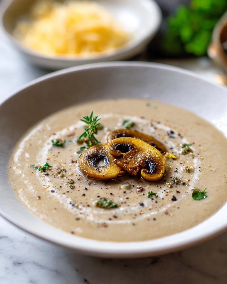 A white bowl holds creamy beige mushroom soup with a smooth texture, topped neatly in the center by three golden-brown sautéed mushroom slices and garnished with fresh green herb leaves. A light sprinkle of black pepper dots the soup surface, with a glossy shine reflecting soft light on a white marbled surface. In the blurred background, there is a white bowl with shredded cheese and some green plants. photo taken with an iphone --ar 4:5 --v 7