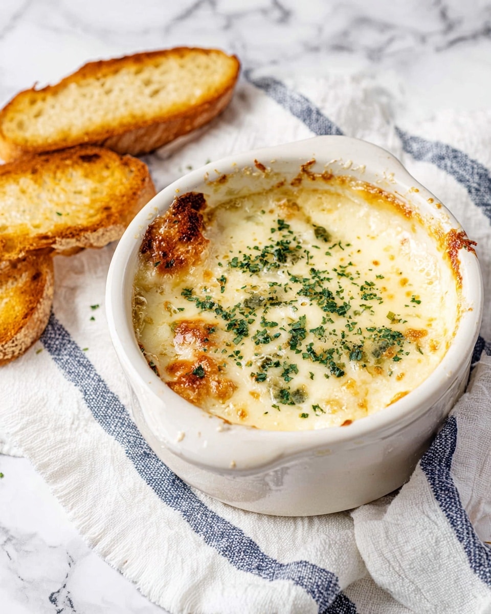 A white ceramic ramekin filled with a creamy, melted cheese dish topped with chopped green herbs and lightly browned spots from baking, the cheese layer smooth and slightly bubbly with a golden crust on top, the edges showing some browned residue where the cheese melted against the ramekin. Beside it, there are two toasted golden-brown bread slices with a crisp texture placed on a white marbled surface. A white cloth with blue stripes is partially draped around the ramekin, adding a soft texture to the scene. Photo taken with an iphone --ar 4:5 --v 7