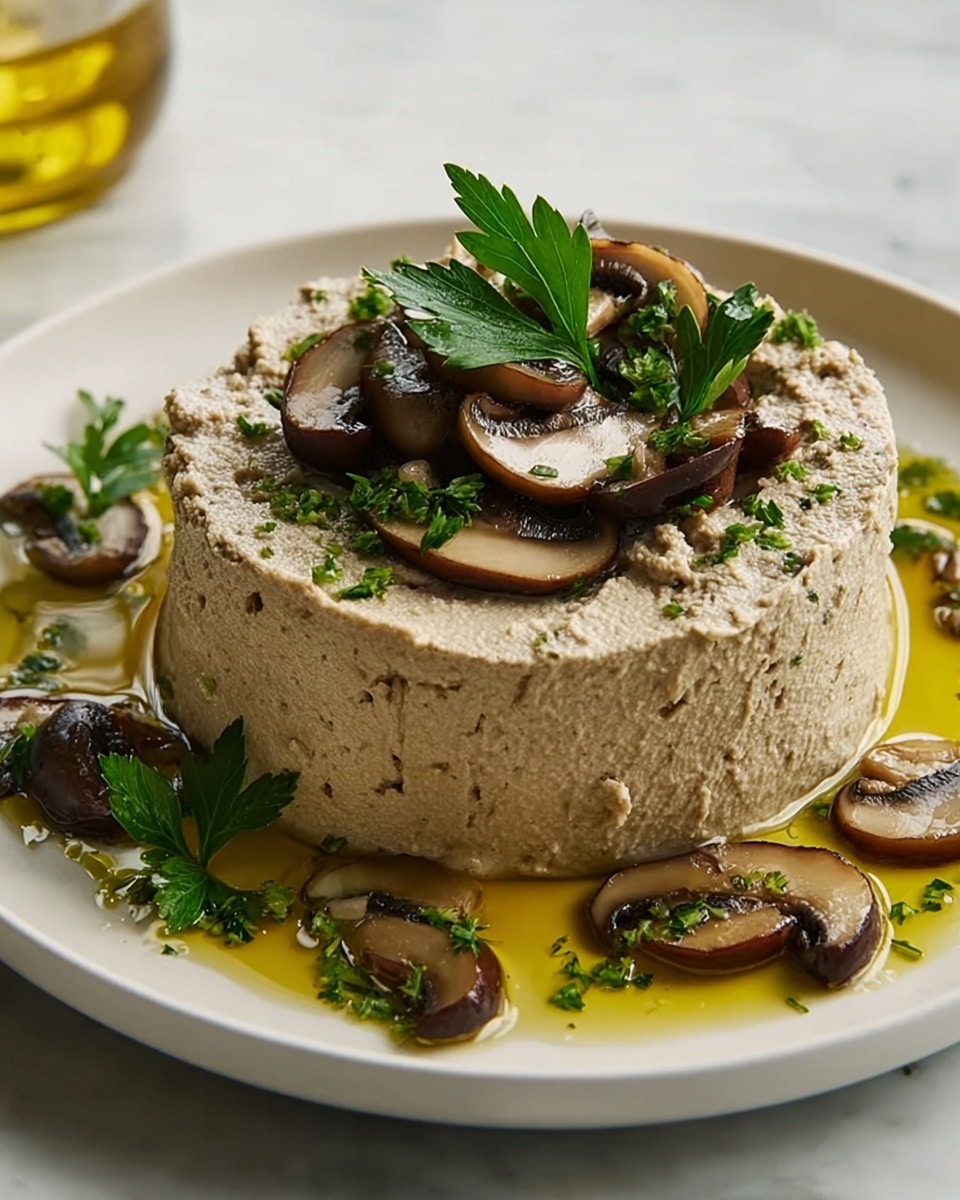 A round, thick beige mousse sits in the center of a white plate, with a rough, slightly grainy texture on its sides and top. The mousse is topped with a few brown mushroom halves and bright green parsley sprigs, adding visual contrast. Around the base of the mousse, there is a golden-yellow pool of oil, with additional mushroom slices and parsley leaves scattered on the oil, enhancing the earthy tones and fresh look of the dish. The plate rests on a white marbled surface. photo taken with an iphone --ar 4:5 --v 7