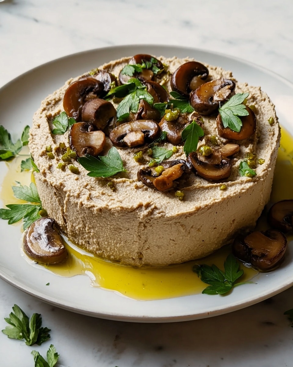 A thick, round layer of creamy, light brown mushroom spread sits in the center of a white plate with a slight rough texture. The top layer is decorated with several halves of small brown mushrooms and fresh green parsley leaves, which add contrast and freshness. Around the base of the mushroom spread, there is a thin pool of golden olive oil with a few more mushroom slices and parsley scattered on the white plate. The surface beneath the plate is a white marbled texture. photo taken with an iphone --ar 4:5 --v 7