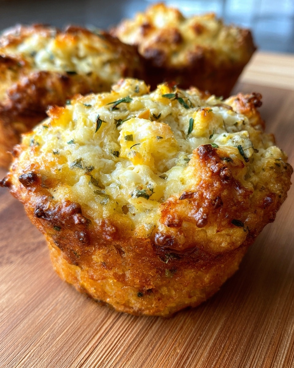 The image shows a close-up of a muffin with a rough textured, golden-brown bottom layer that looks slightly crispy and baked, while the top layer is lighter in color, creamy, and speckled with orange and green bits suggesting cheese and herbs. The muffin top is uneven and chunky, giving a homemade feel, with soft melted cheese visible in spots. The background features other similar muffins slightly out of focus, all set on a white marbled surface. photo taken with an iphone --ar 4:5 --v 7