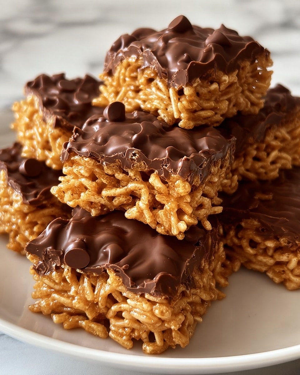 A close-up view of several square-shaped snacks stacked on a white plate, each snack consisting of a base layer of tightly packed, light golden, thin noodle-like strands forming a rough-textured cluster, topped with a thick, glossy layer of rich dark brown chocolate that appears slightly uneven and shiny with small chocolate chips embedded on the surface; the background shows a white marbled texture. photo taken with an iphone --ar 4:5 --v 7