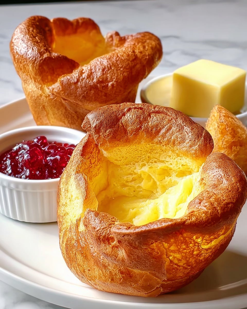 Two fluffy golden brown Yorkshire puddings sit on a white plate with a white marbled background. The puddings have a light, airy texture with a puffed, crispy edge and a soft center that is a lighter yellow. Behind them, a small white ramekin holds bright red berry jam with a slightly shiny, smooth surface, and next to it, a small crispy pudding holds a thick square of pale yellow butter. The lighting highlights the warm, golden tones and the smooth, slightly bubbly textures of the puddings. photo taken with an iphone --ar 4:5 --v 7