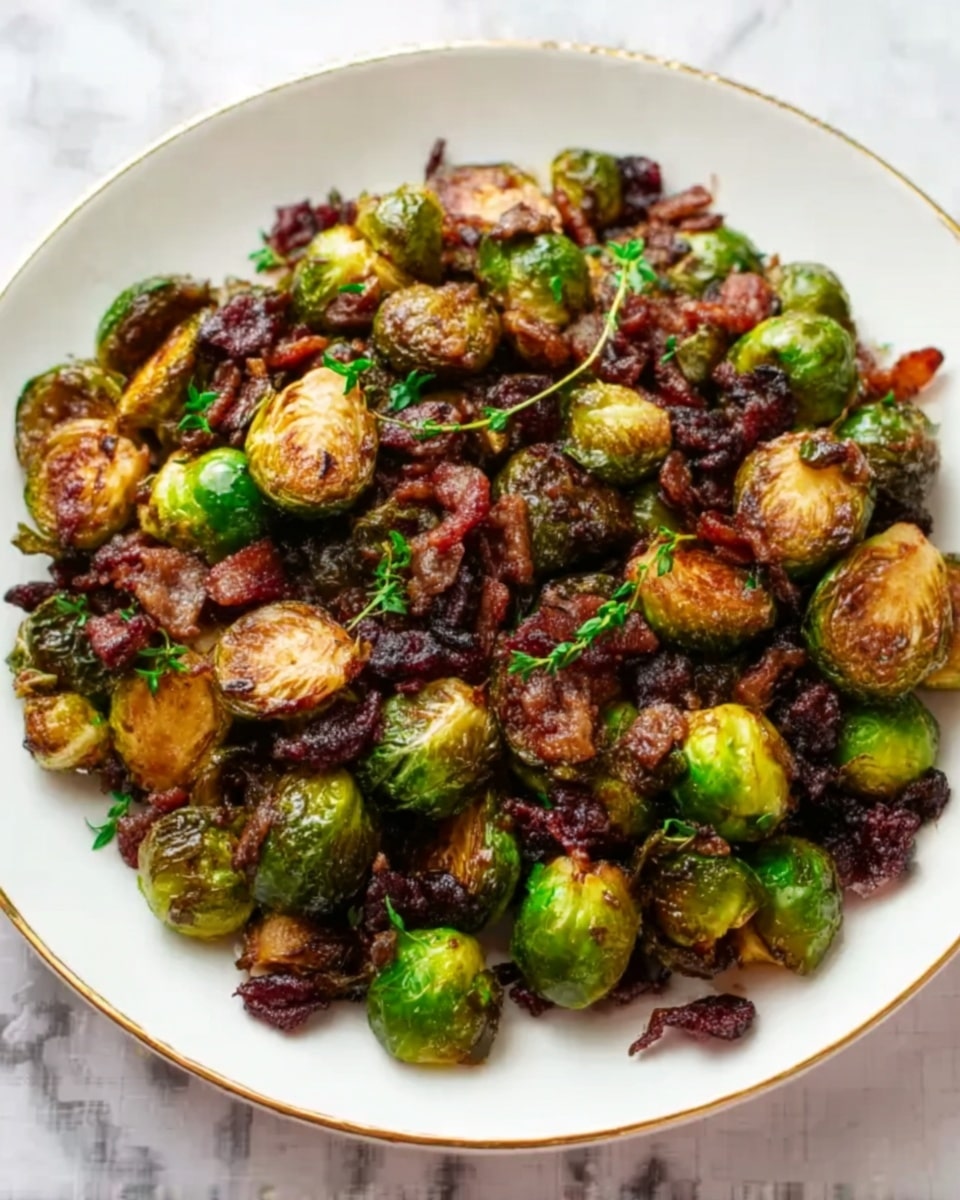A white round plate filled with multiple layers of roasted Brussels sprouts that are browned and crispy on the edges. The sprouts are mostly halved, showing green and golden-brown inner leaves with a slightly charred texture. Small bits of dark, crispy bacon pieces are evenly mixed and scattered among the Brussels sprouts, adding a contrast of deep reddish-brown colors. The dish is garnished with finely chopped green herbs, giving a fresh touch on top. The plate is placed on a white marbled surface. photo taken with an iphone --ar 4:5 --v 7