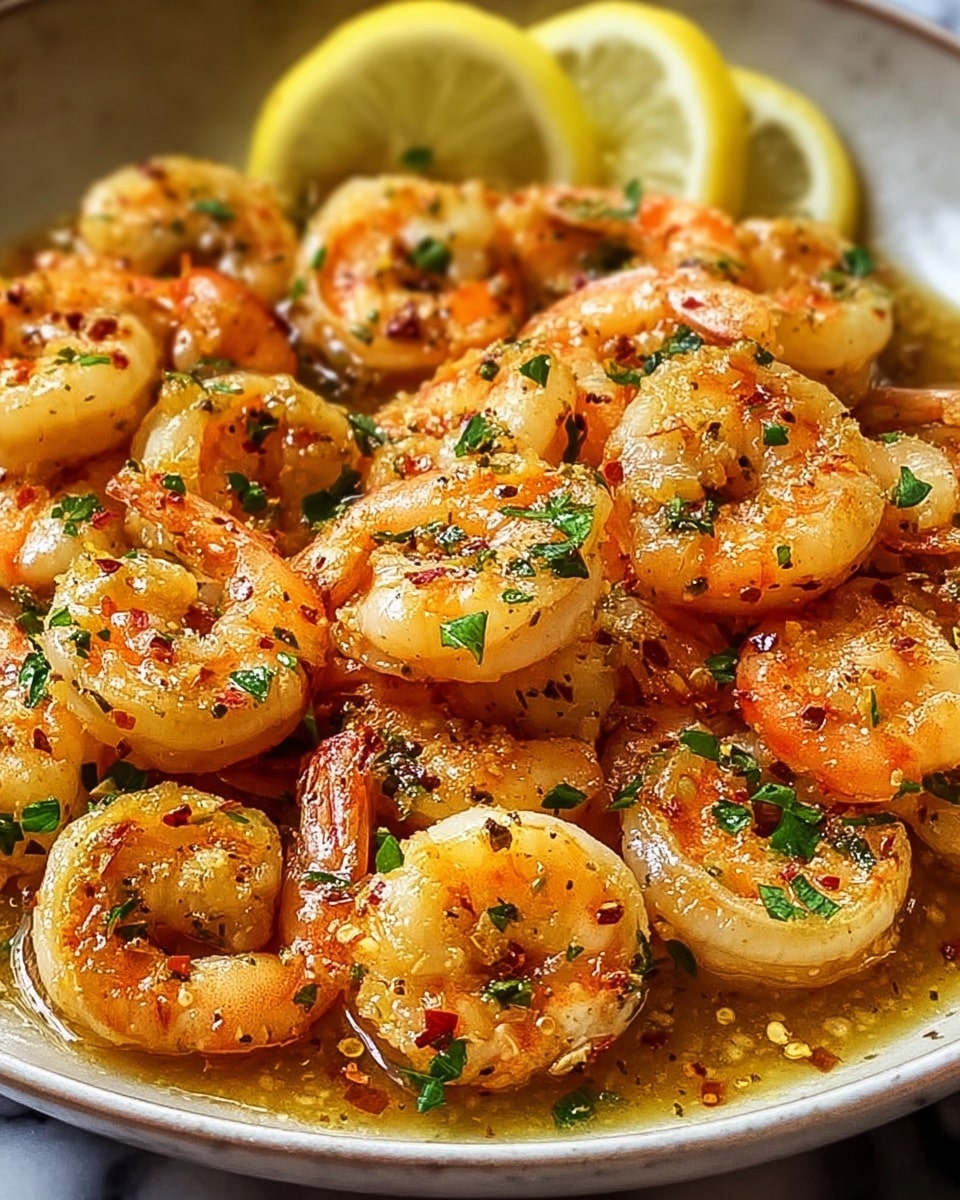 A bowl filled with cooked shrimp coated in a shiny, golden brown garlic butter sauce, sprinkled with small green parsley pieces and tiny red pepper flakes. The shrimp are curled, orange-pink in color with slightly translucent white flesh, arranged closely together, and the bowl contains a few lemon wedges in the background for a fresh touch. The setting is on a white marbled surface. photo taken with an iphone --ar 4:5 --v 7