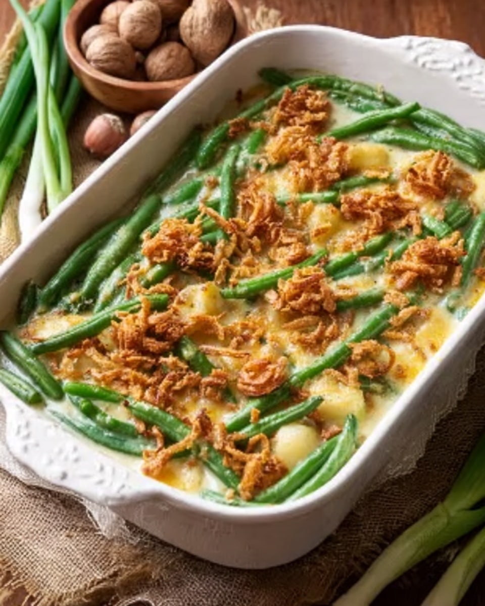 The image shows a white rectangular casserole dish filled with a baked green bean casserole. The bottom layer is a creamy, light-colored sauce covered with bright green beans spread evenly across the dish. On top of the green beans, there are small clusters of golden-brown crispy fried onions scattered throughout. The dish sits on a wooden surface with some fresh green onions and a small bowl of nuts in the background. The overall look is warm and inviting with a mix of green, cream, and golden brown colors. Photo taken with an iphone --ar 4:5 --v 7