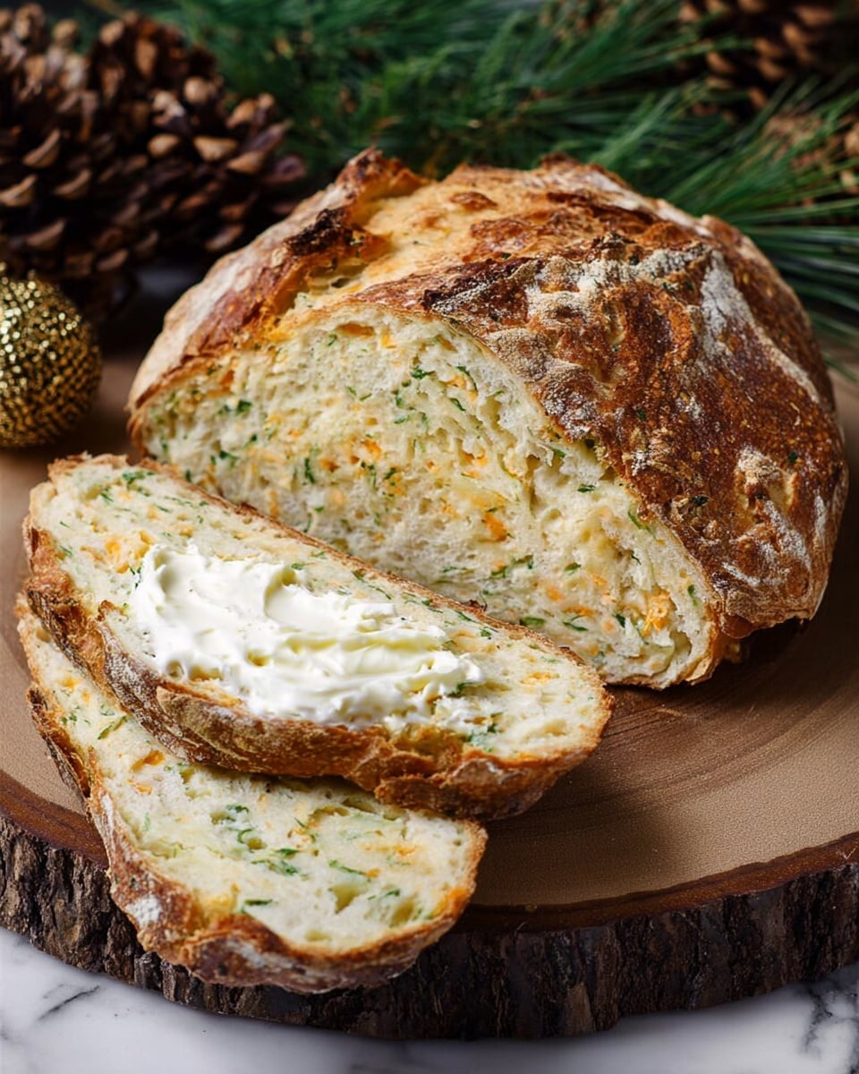 A rustic loaf of bread with a golden-brown crust sits on a round wooden slab, cut into several thick slices. The bread’s inside is light cream-colored with green herb flecks and uneven orange-yellow cheese spots scattered throughout. One slice is laid flat in the front, generously spread with creamy white butter that has a slightly soft texture. The background features pinecones and green pine needles, set on a white marbled texture. photo taken with an iphone --ar 4:5 --v 7