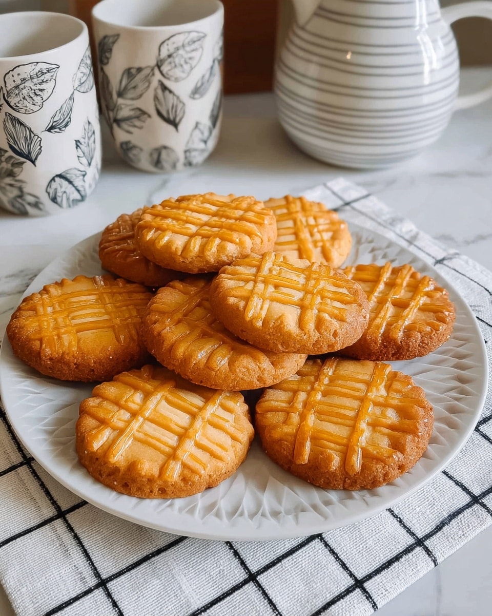 A white plate with a subtle geometric pattern holds nine golden brown round cookies arranged in a rough circle, overlapping slightly. Each cookie has scalloped edges and a shiny surface with three sets of straight lines stamped into the dough, forming a crisscross pattern. The plate sits on a white cloth with a black grid pattern, placed on a white marbled texture surface. In the background, two patterned mugs with leaf designs and a white teapot with thin black horizontal stripes are visible, adding a cozy kitchen feel. Photo taken with an iphone --ar 4:5 --v 7