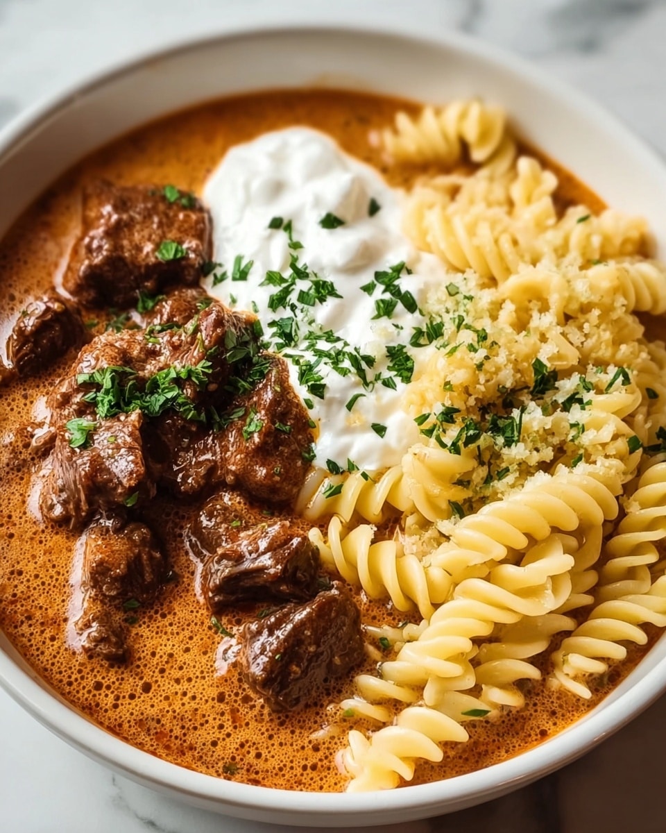 A white bowl contains two main parts: on the left, there are dark brown chunks of beef in a smooth, creamy, orange-brown sauce, sprinkled with finely chopped green herbs; in the middle, a dollop of white sour cream is topped with more green herbs. On the right side, pale yellow spiral pasta is arranged, also sprinkled with small bits of green herbs. The beef looks tender and juicy with sauce bubbling around it. The dish is placed on a white marbled surface. photo taken with an iphone --ar 4:5 --v 7