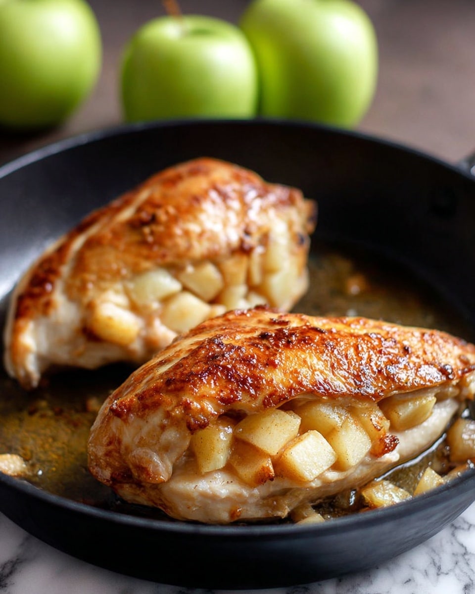 Two golden brown roasted chicken breasts with crispy skin sit in a black pan, each stuffed with small, soft cooked light yellow apple chunks that peek out from beneath the chicken. The chicken skin looks slightly shiny and textured with browning spots, while the pan holds some cooked juices beneath the chicken. Blurred green apples are visible in the background on a white marbled texture. photo taken with an iphone --ar 4:5 --v 7