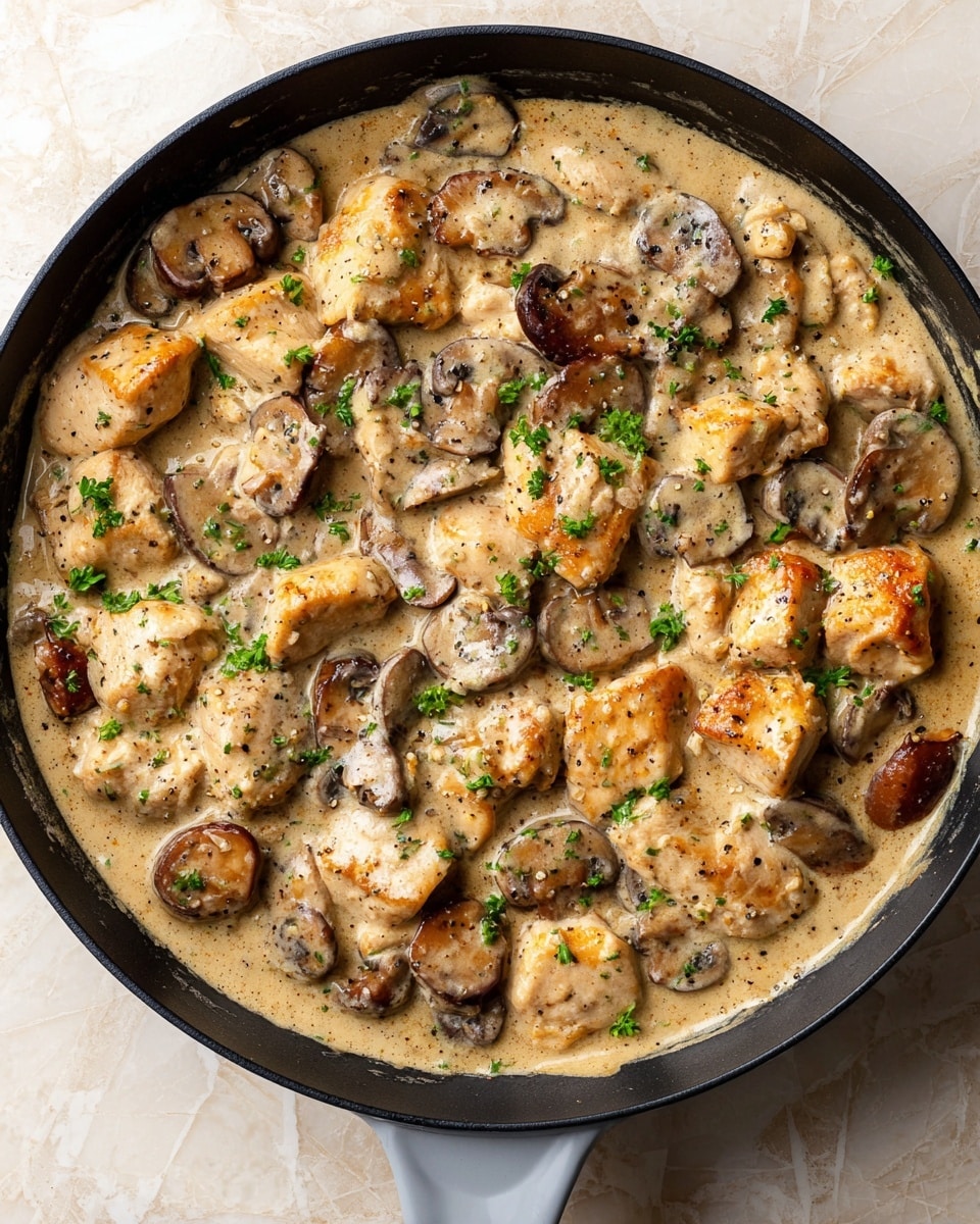 The image shows a black skillet filled with a creamy mushroom and chicken dish. The dish has chunky pieces of golden-brown chicken scattered evenly throughout, mixed with thick slices of browned mushrooms. The creamy sauce is beige and smooth, coating every piece, with small green parsley bits sprinkled on top and some black pepper adding texture. The skillet handle is gray and rests on a white marbled surface. photo taken with an iphone --ar 4:5 --v 7
