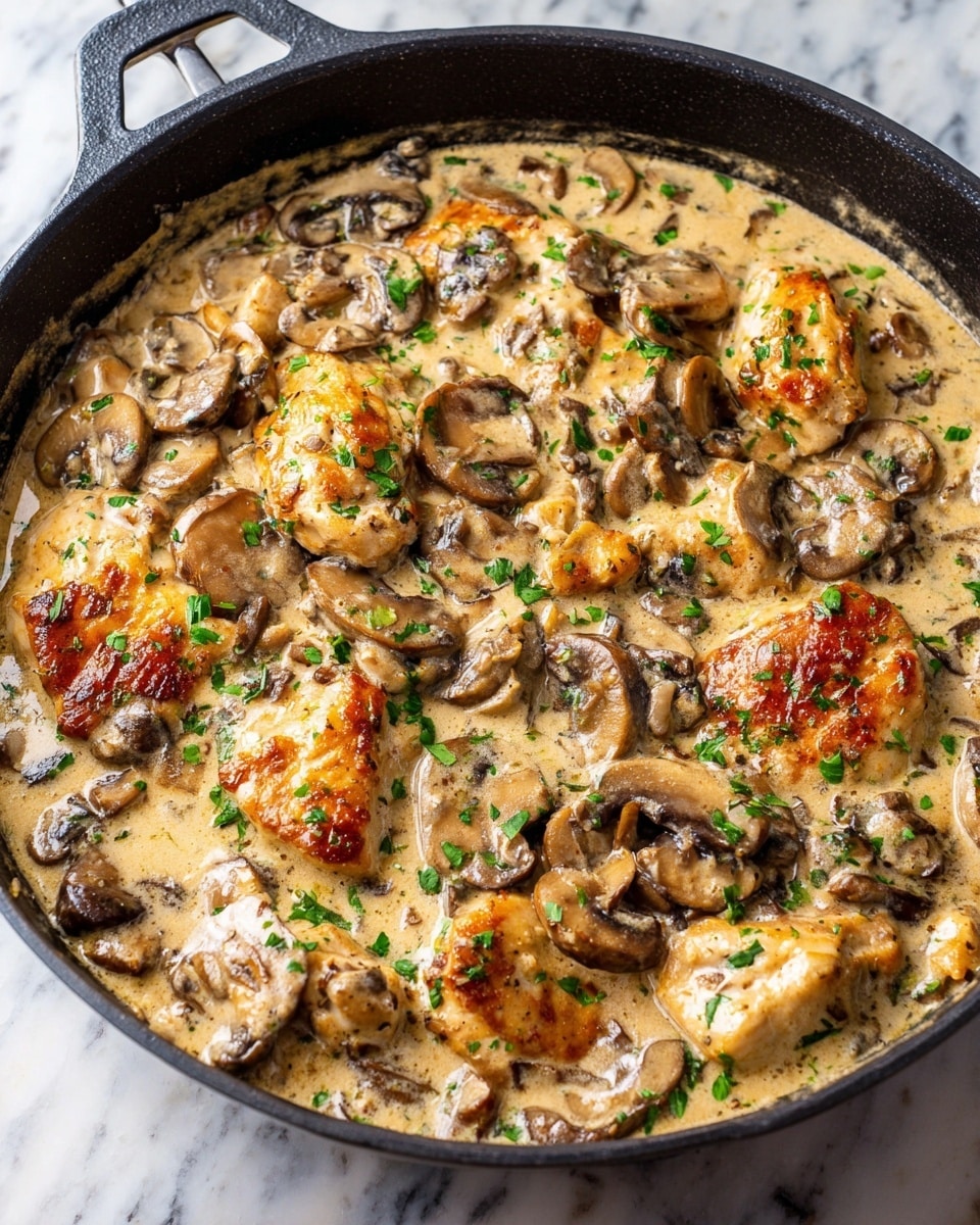 A close-up view of a black cast iron pan filled with creamy mushroom and chicken dish. Inside, there are several pieces of golden-brown seared chicken scattered evenly, mixed with sliced brown mushrooms coated in a thick, light beige cream sauce. The dish is topped with small green parsley bits for garnish, adding a touch of vibrant color on the creamy surface. The pan handle is visible in the foreground, and the background features a white marbled texture. photo taken with an iphone --ar 4:5 --v 7