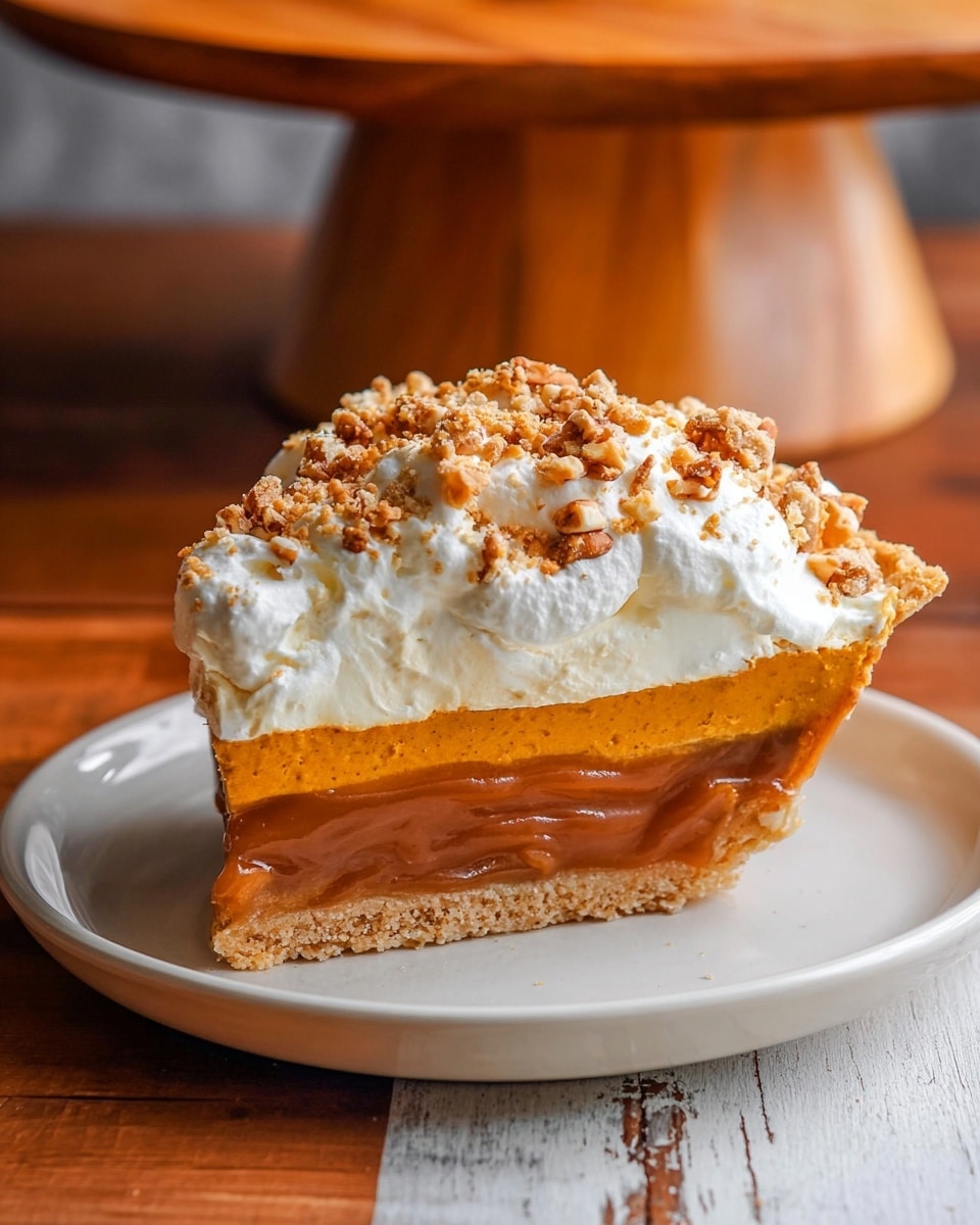 A single slice of pie sits on a white plate, showing four clear layers; the bottom layer is a light brown, soft crust, followed by a thick, glossy caramel layer, topped with a deep orange, smooth pumpkin filling, and finished with a fluffy white whipped cream layer sprinkled with crunchy brown nut and crumb bits. The slice is positioned on a wooden table with a white marbled texture surface visible underneath, and a wooden cake stand with a white base is seen blurred in the background. Photo taken with an iphone --ar 4:5 --v 7
