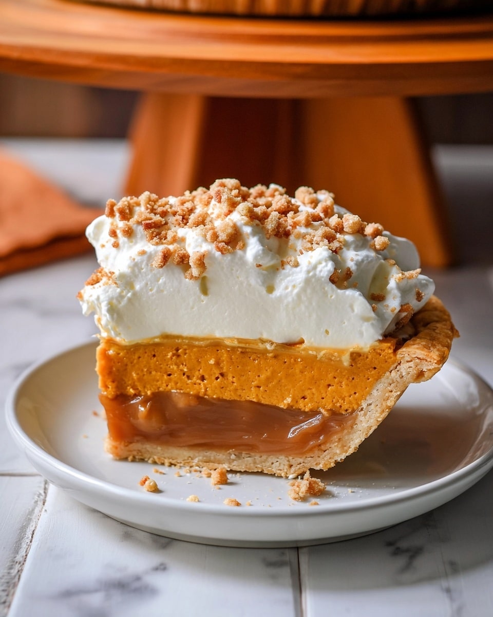 A slice of pie with four layers is shown on a white plate: at the bottom is a light brown, flaky crust; above it is a smooth, glossy caramel layer; next is a thick, creamy orange layer, likely pumpkin filling, with a soft texture; the top layer consists of fluffy white whipped cream sprinkled with small brown crumbly pieces that look like nuts or streusel. The plate sits on a white marbled surface with a blurred wooden cake stand in the background. photo taken with an iphone --ar 4:5 --v 7