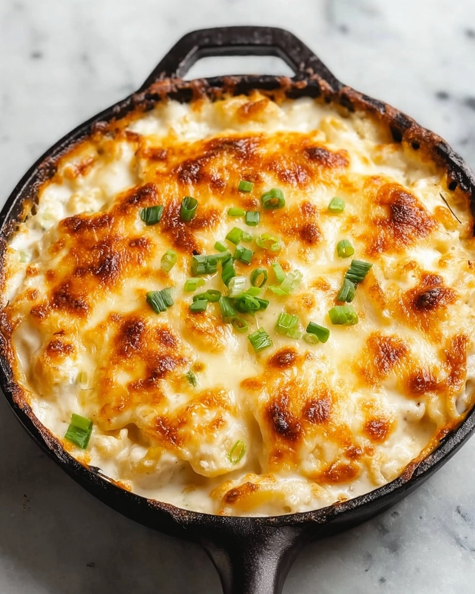 The image shows a black cast iron pan filled with a creamy baked dish with a golden brown top layer that looks melted and slightly crispy, with some browned spots evenly spread around. The top layer has puffed, bubbly cheese that covers the dish fully, and in the center, there are small bright green chopped spring onions as garnish. Inside the pan beneath the cheese, you can see creamy pasta pieces mixed in a rich white sauce. The pan is set on a white marbled surface. photo taken with an iphone --ar 4:5 --v 7