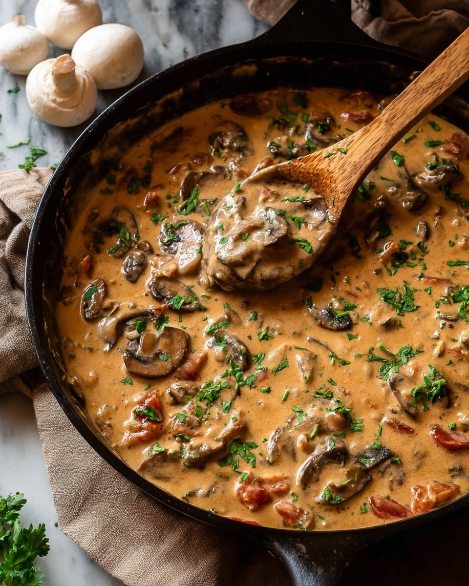 A close-up view of a black cast iron pan filled with creamy mushroom sauce, showing several layers: the thick sauce is light brown with a smooth texture, dotted with sliced mushrooms that are dark brown and tender, and small chunks of reddish tomato. The sauce is garnished with finely chopped green herbs scattered on top. A wooden spoon is partially dipped into the sauce, coated with the creamy mixture. The pan rests on a light brown cloth over a white marbled surface, with a few whole white mushrooms placed nearby. Photo taken with an iphone --ar 4:5 --v 7