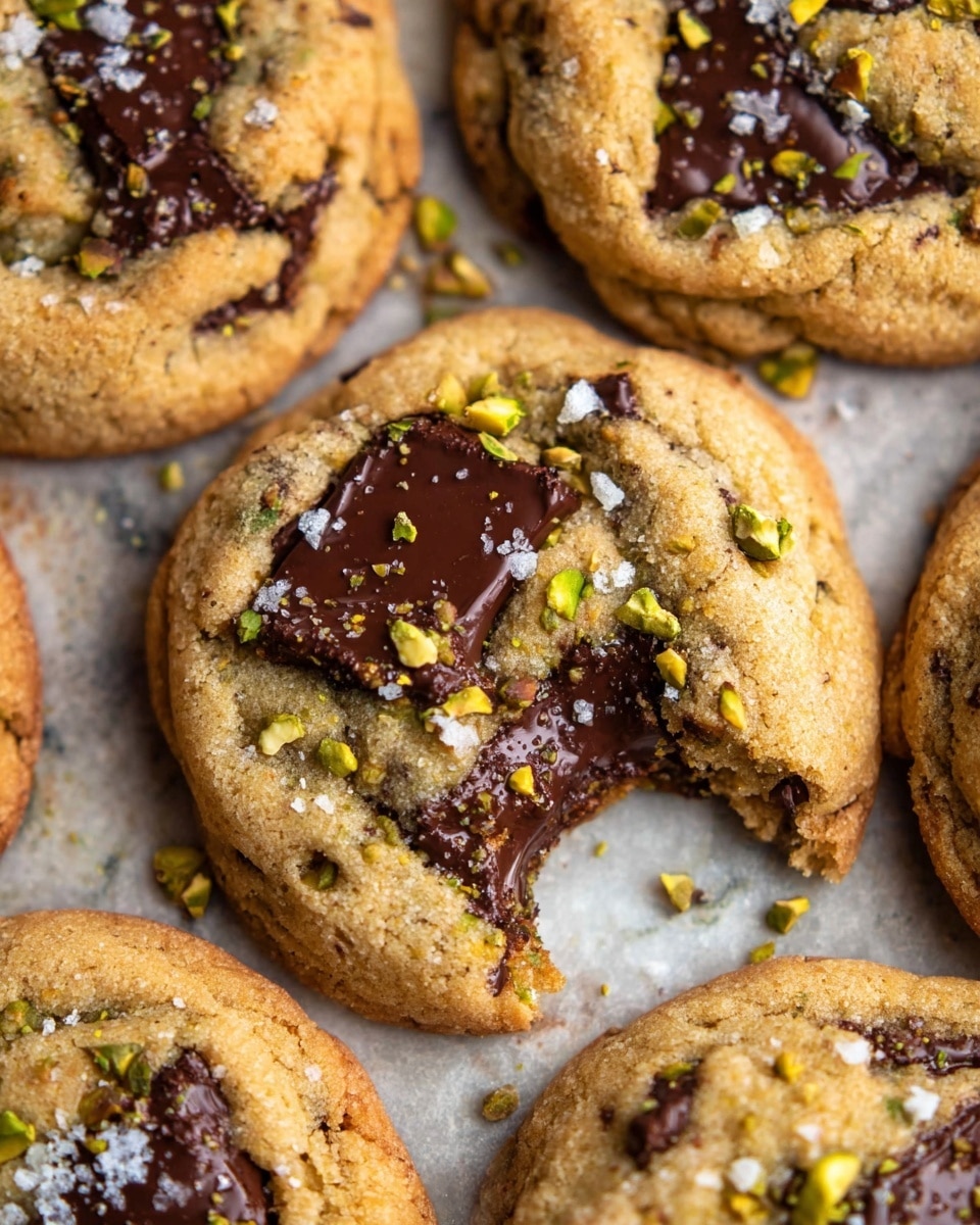The image shows a close-up of several round, golden-brown cookies with rich dark chocolate chunks melted into the surface. Each cookie is sprinkled with small pieces of green pistachio nuts and coarse white sea salt, adding texture and color contrast. One cookie in the center has a bite taken out, revealing a soft, chewy interior with gooey chocolate and bits of pistachio inside. The cookies rest on a white marbled textured surface, highlighting their warm tones and making the chocolate and nuts stand out. Photo taken with an iphone --ar 4:5 --v 7