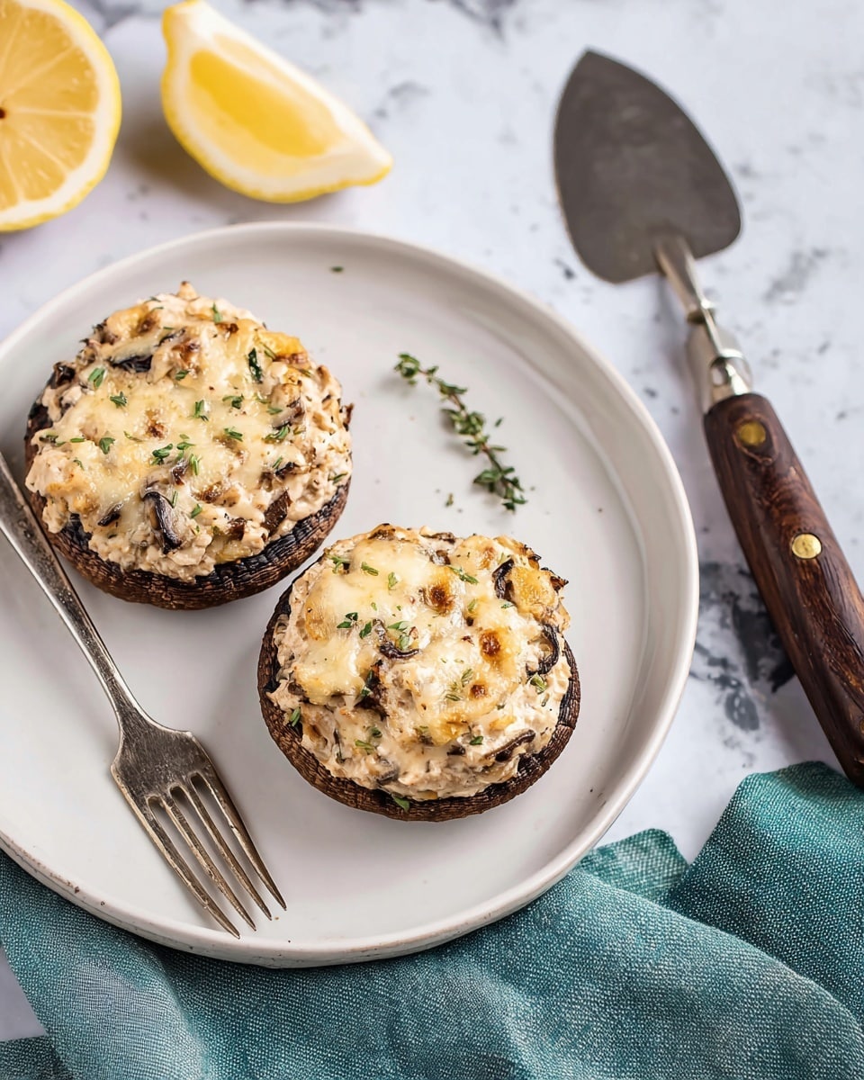 The image shows a flat lay of several small white bowls arranged on a white marbled surface, each filled with different ingredients. In the center is a bowl with light pink crab meat. Above it, a bowl contains a smooth, bright yellow egg mixture. To the left, a bowl holds finely chopped white onion next to fresh green thyme sprigs and a large, brown portobello mushroom cap laying flat. On the right, a bowl has minced white garlic, and a wedge of pale yellow cheese sits near a lemon half with bright yellow flesh. Below the crab bowl, a bowl contains shredded pale yellow cheese. Next to it is a wooden measuring cup filled with light beige panko crumbs. The ingredients are neatly arranged with clean textures, all on the white marbled surface. photo taken with an iphone --ar 4:5 --v 7