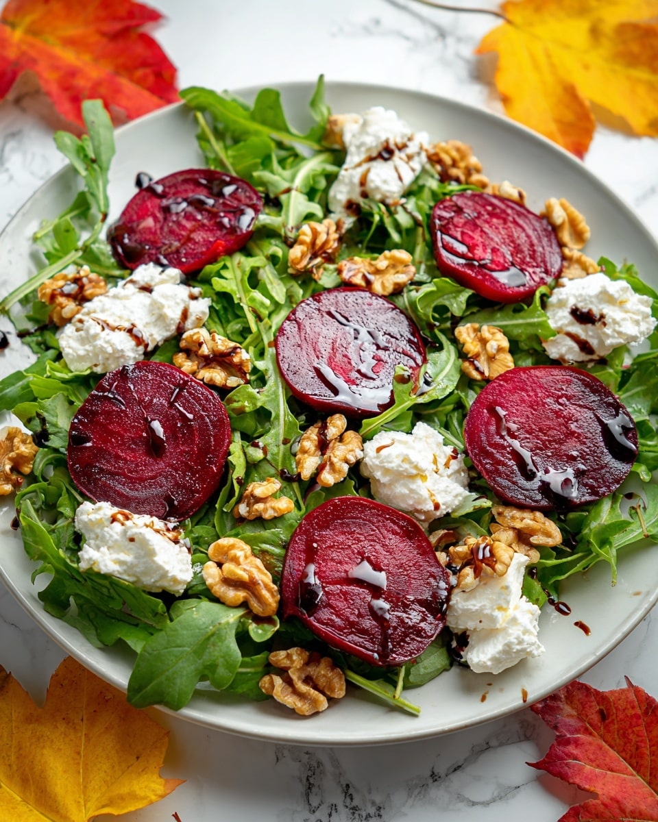 A fresh salad served on a white plate placed on a white marbled surface, topped with a base layer of bright green arugula leaves. On top of the greens, there are several deep red, glossy beet slices evenly spread out, showing a smooth texture with slight shine. White dollops of creamy cottage cheese are scattered across the plate, contrasting with the red beets and green leaves. Light brown, chunky walnut pieces are sprinkled generously over the salad, adding texture and earthiness. A drizzle of dark balsamic glaze is visible over some beets and cheese, adding a glossy finish. Around the plate, vibrant orange and yellow autumn leaves add a fall theme to the scene. Photo taken with an iphone --ar 4:5 --v 7