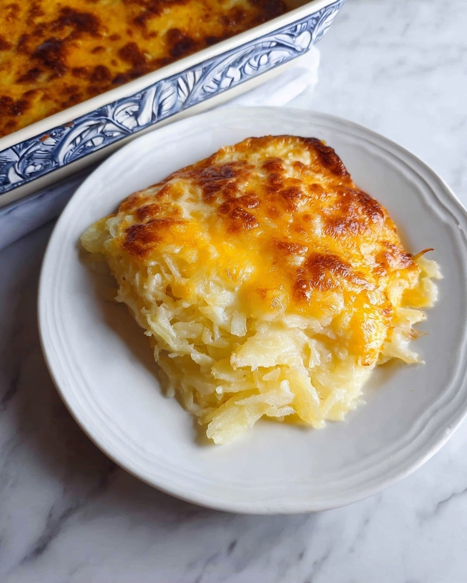 A close-up of a cheesy casserole dish showing one main layer of thin, cooked noodles with a golden melted cheese layer on top that looks slightly browned in places. The noodles are soft and lightly coated with sauce, visible underneath the cheese. The dish is served on a white plate, set on a white marbled surface, with no other objects around. photo taken with an iphone --ar 4:5 --v 7