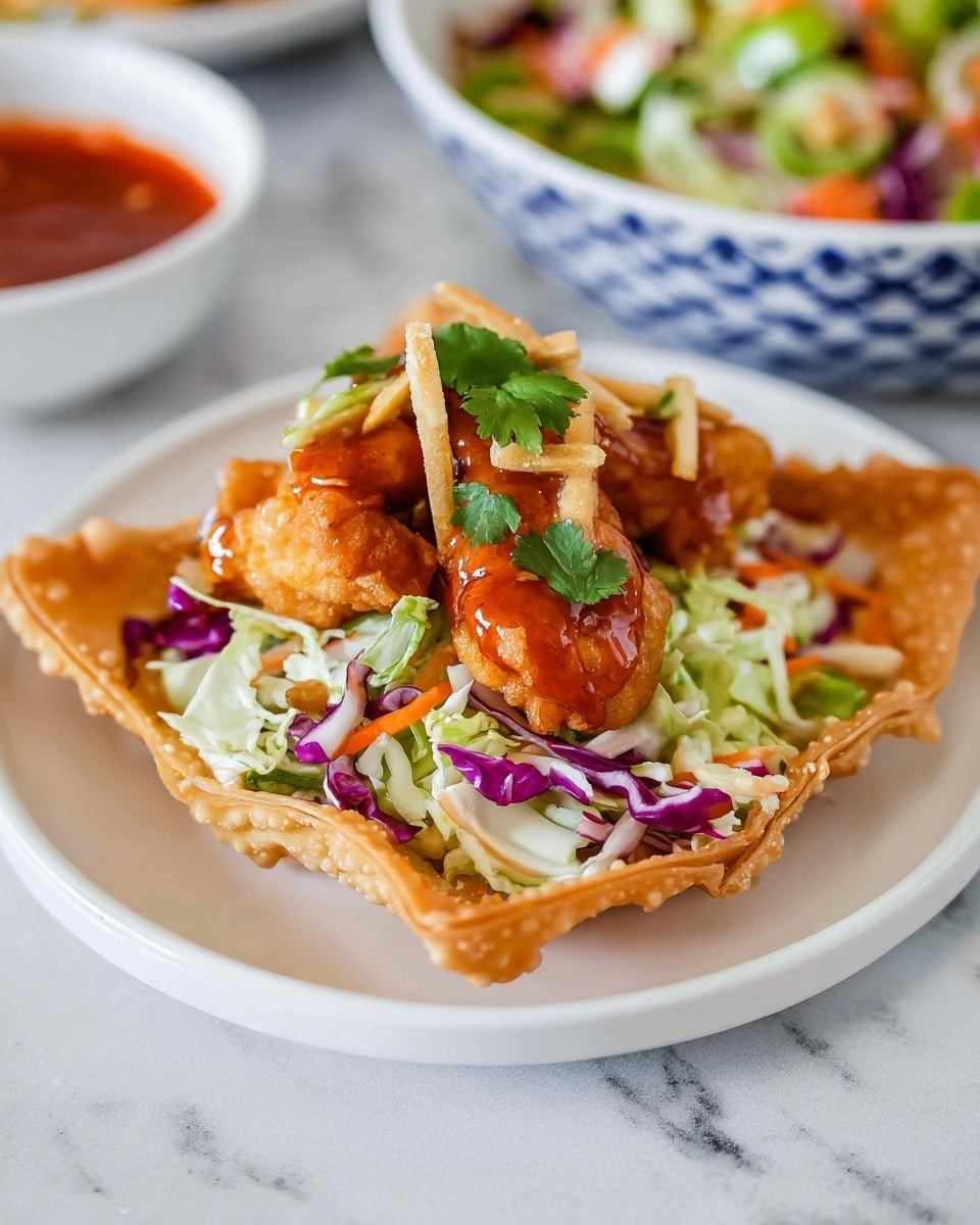 The dish shows one crispy golden-brown fried wonton wrapper placed flat on a white plate, topped with a colorful mix of chopped lettuce, shredded purple cabbage, and thin strips of carrot, creating a fresh, crunchy salad layer. On top of the salad are two pieces of golden, crunchy fried chicken coated slightly with a glossy orange sauce and garnished with small pieces of green cilantro and thin crunchy strips. In the background, there is a blur of a white bowl with a red sauce and another bowl with mixed salad on a white marbled surface, giving a fresh and clean look. Photo taken with an iphone --ar 4:5 --v 7