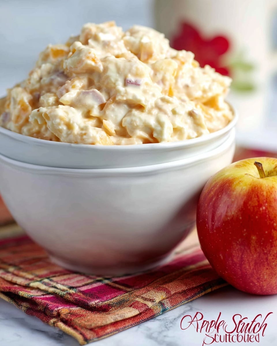 A close-up of a pile of fluffy apple butterscotch salad with a creamy, pale beige texture with small chunks, in a white bowl stacked on another white bowl, both with a glossy finish. In the foreground, a shiny apple with a mix of red and yellow colors sits next to the bowls. The background shows a white marbled surface with a striped cloth underneath the bowls and a blurry white cup with red and green details. photo taken with an iphone --ar 4:5 --v 7