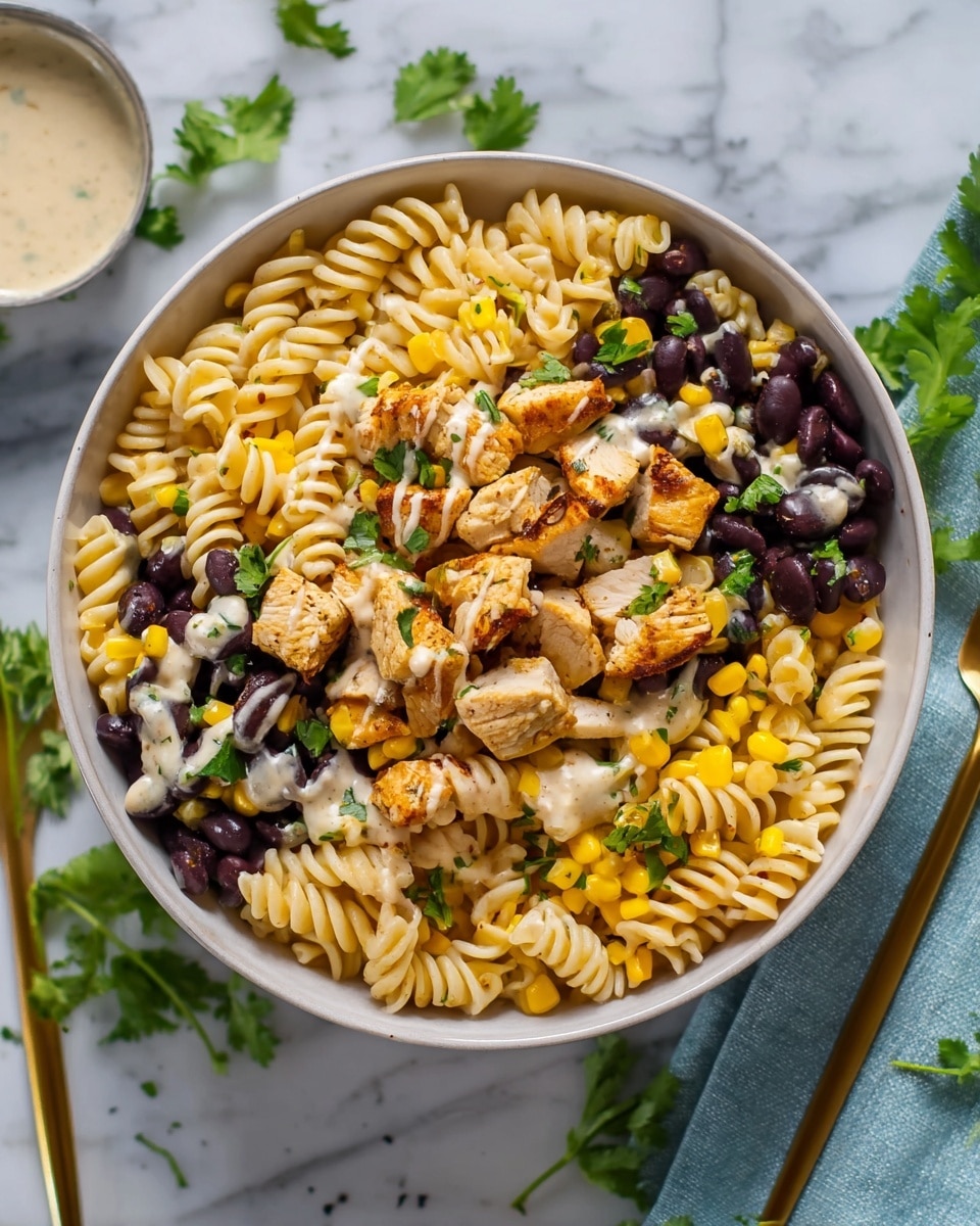 A white bowl filled with a salad made of three main layers: the base layer has light yellow rotini pasta spirals, the middle layer has bright yellow corn kernels and dark purple black beans, and the top layer features golden brown grilled chicken chunks evenly spread out, all sprinkled with fresh green parsley leaves and some creamy light green dressing drizzled on top. The bowl is placed on a white marbled surface, with small green parsley pieces scattered around. photo taken with an iphone --ar 4:5 --v 7
