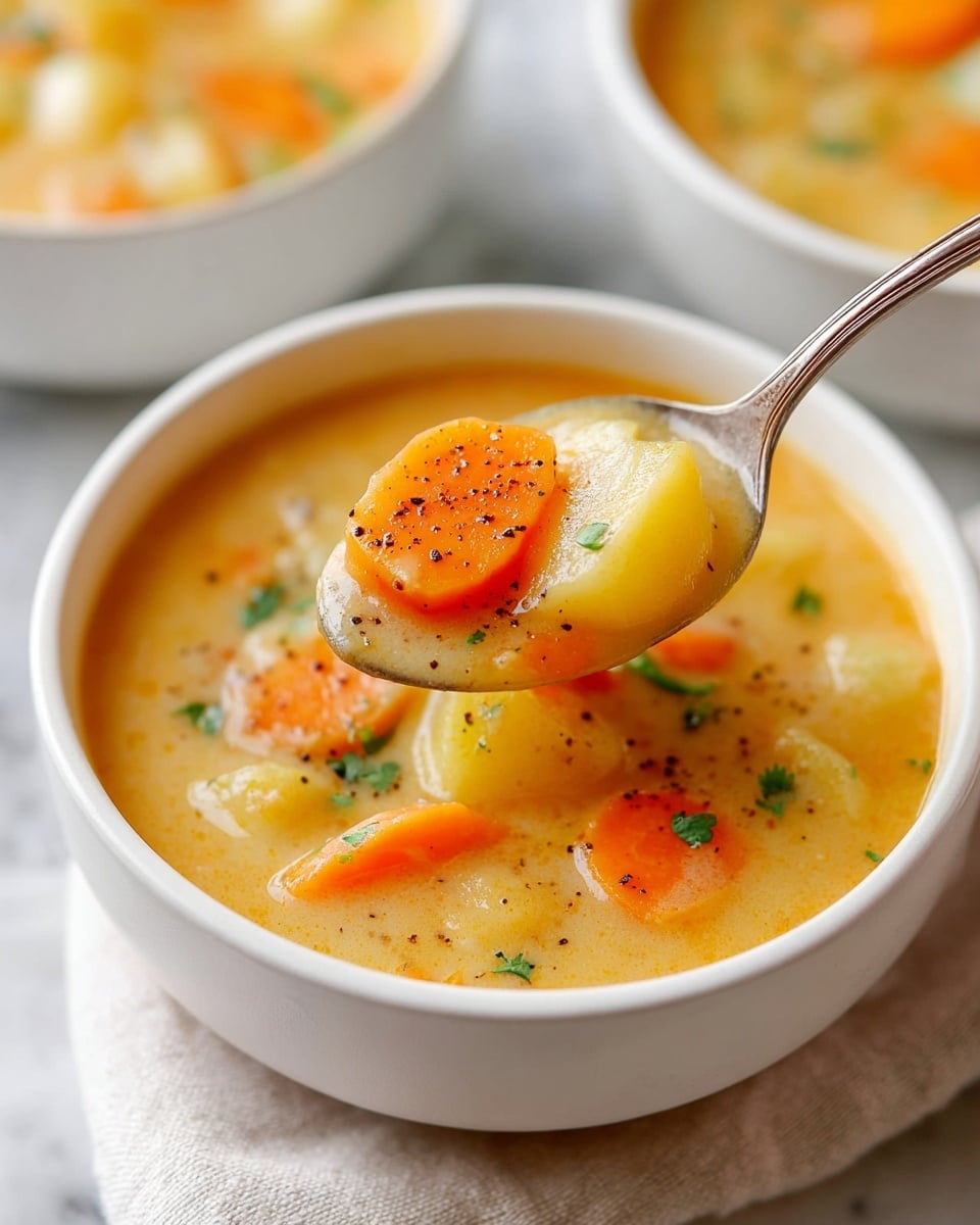 A white bowl filled with thick soup that has visible orange carrot slices, yellow potato chunks, and small bits of green herbs floating on the surface; the soup base is creamy light orange with a smooth texture. A silver spoon lifts a spoonful of soup showing two potato chunks and one carrot piece, all sprinkled with ground black pepper. The bowl sits on a light-colored cloth on a white marbled surface, and two more white bowls of soup are blurred in the background. photo taken with an iphone --ar 4:5 --v 7