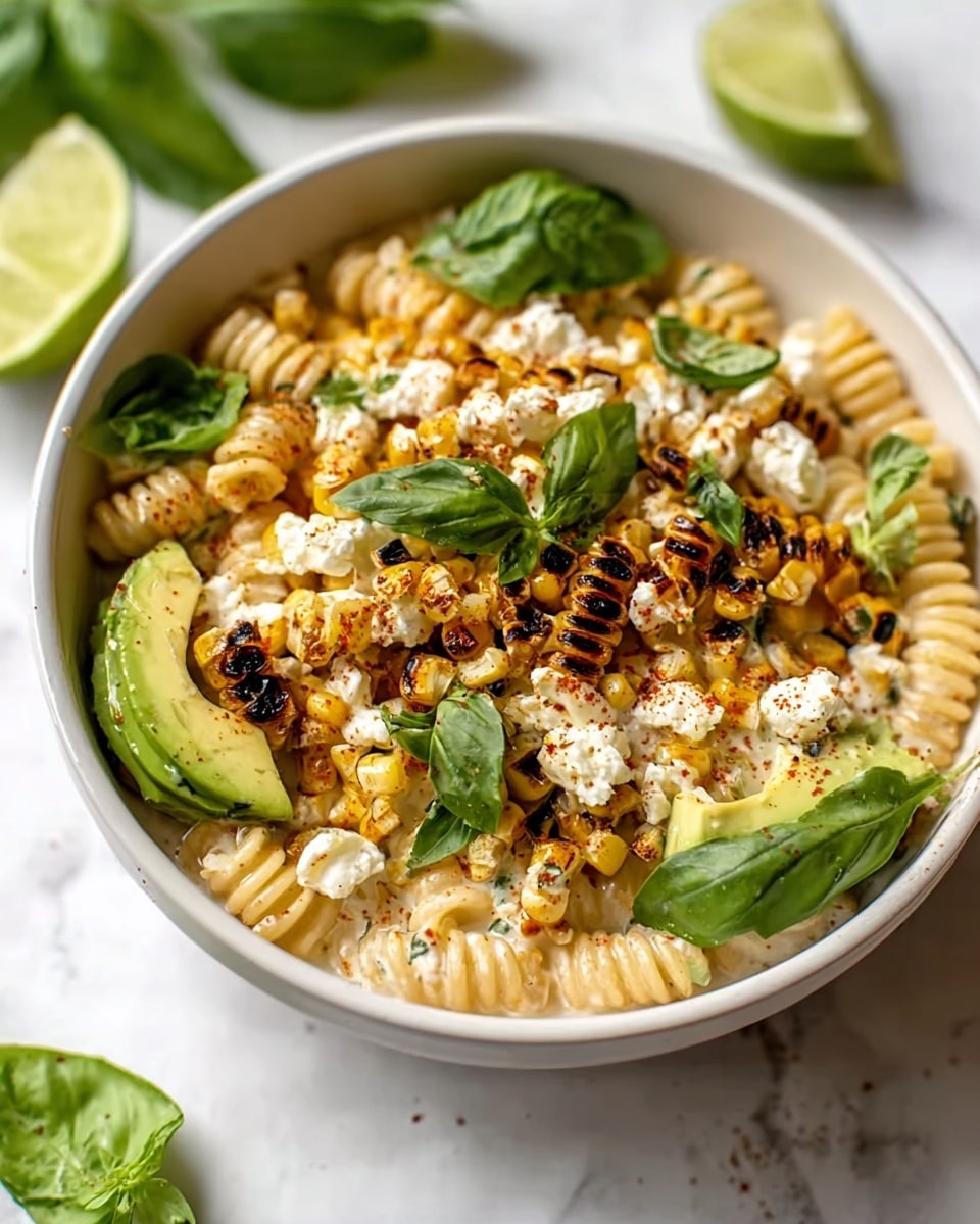A white bowl filled with three layers of food starting with twisty pasta in a light creamy sauce at the bottom, topped with charred golden corn kernels and soft white cheese chunks scattered all over. Bright green fresh basil leaves and slices of light green avocado add pops of color placed evenly around the bowl. The top layer is sprinkled with a light dusting of reddish spice, enhancing the texture and detail of the dish. The bowl rests on a white marbled surface with some basil leaves and lime slices nearby, photo taken with an iphone --ar 4:5 --v 7